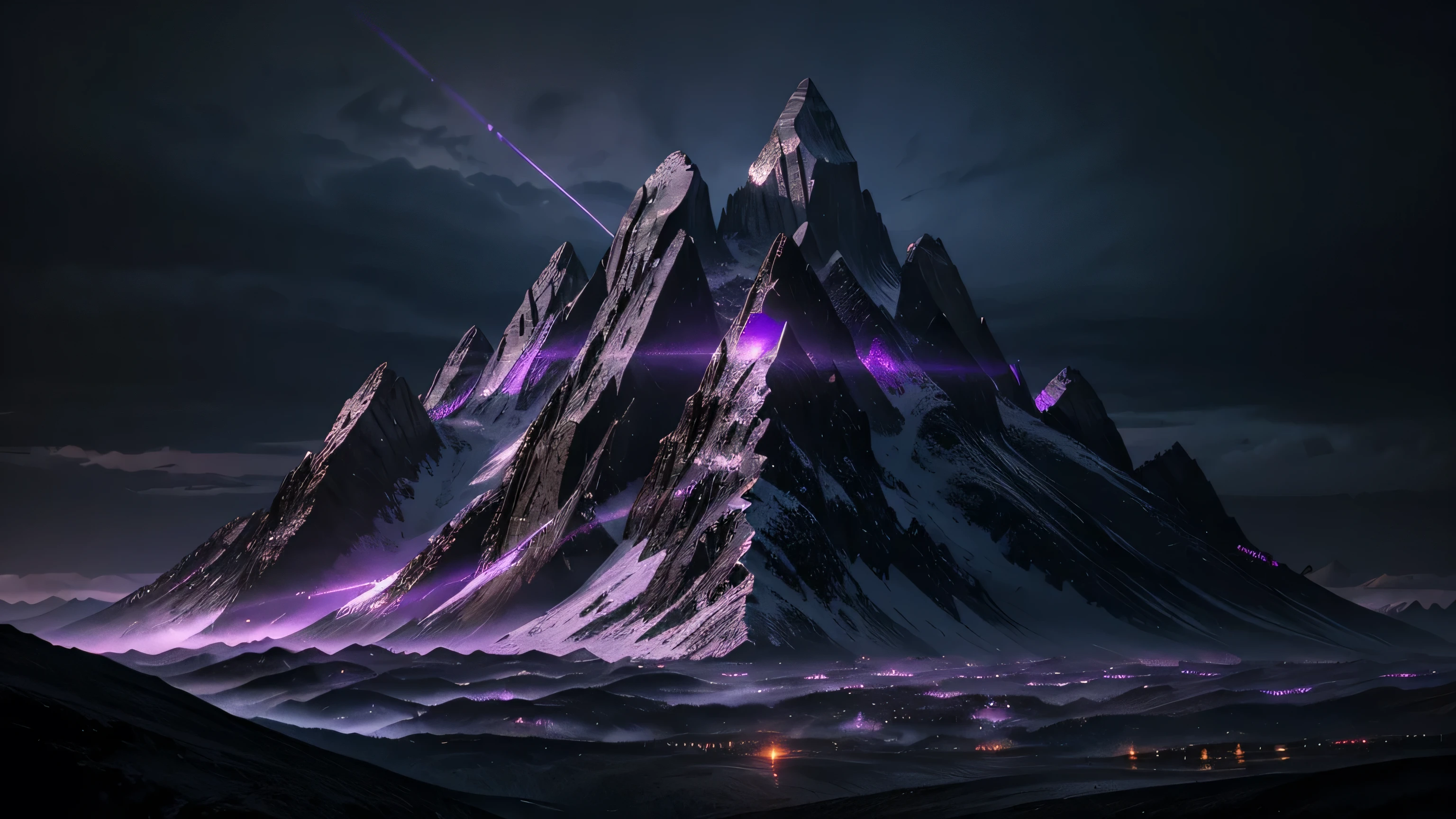 an ominous black atmospheric tall mountain range, purple crystals, inner light glowing, floating black triangles, heavy metal evil imagery, masterpiece, highly detailed, vibrant colors