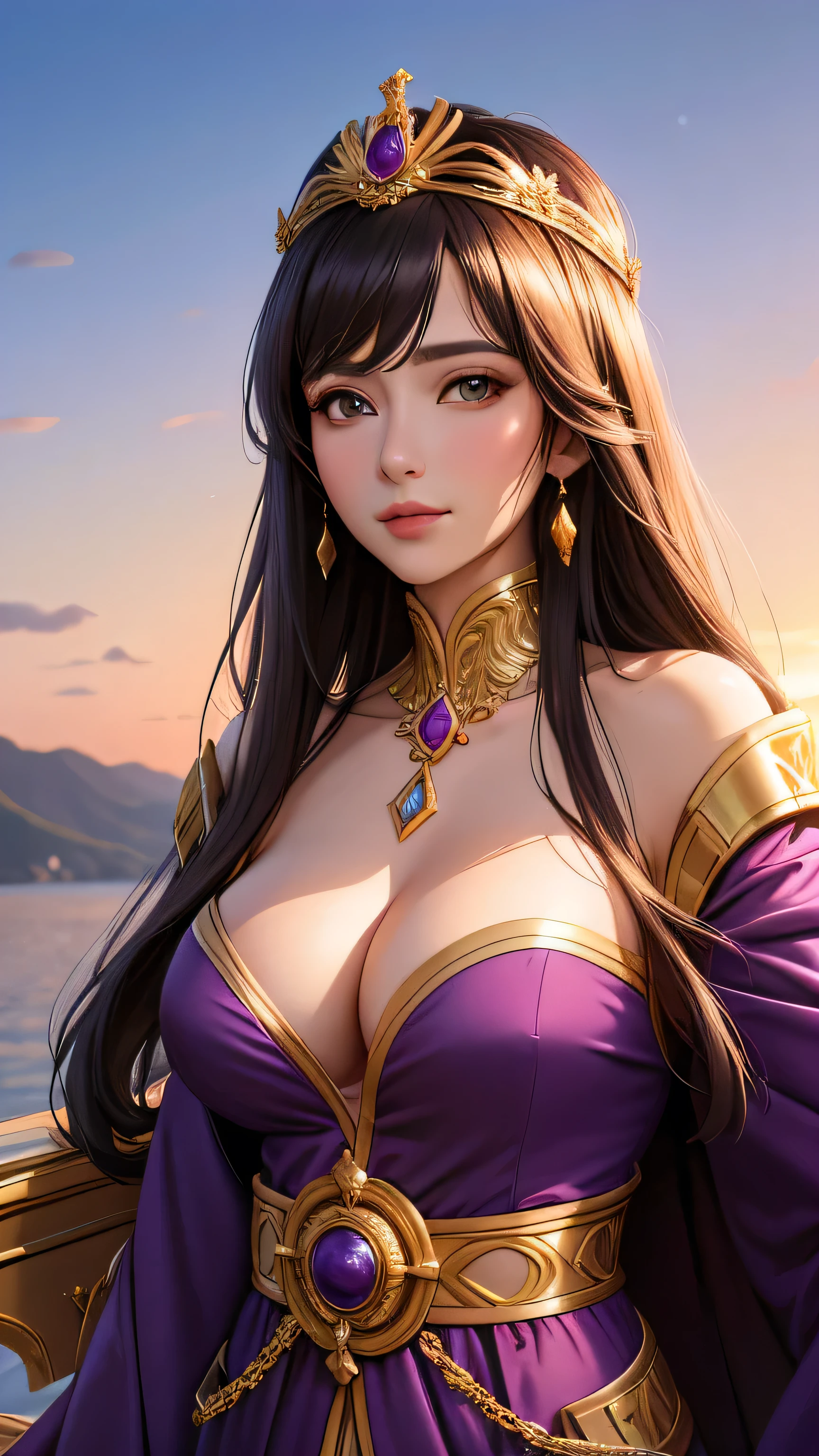 Best quality, 30 year old woman, byzantine empress, sunset, luxurious, sunny, bright, sexy upper body, purple robes, gold, cleavage, 