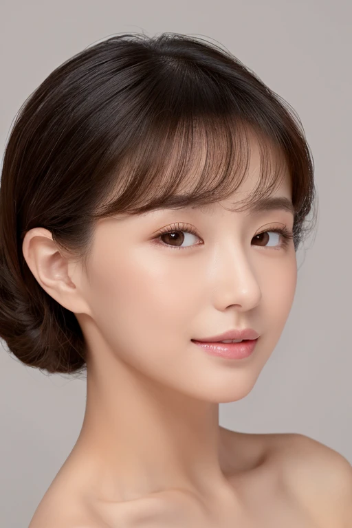 ((masterpiece, top quality, high definition)), 1 girl, (photorealistic: 1.4), solo, white background, snow-white background, mouth closed, happy smile, pretty black hair, short hair, big eyes, clear double eyelids, eyelashes, ears out, absolute area, ((face close-up)), (drawing all head, shoulders), 30 years old, Attractive proportions, glossy skin, clean collarbone, face in golden proportion, perfect face, teardrop mole, mole on chest, bangs, clean bangs, beautiful bangs, lip gloss, thin lips, pale skin, ?????, small breasts, small face, head all drawn, shoulders all drawn, staring at the camera slightly upwards