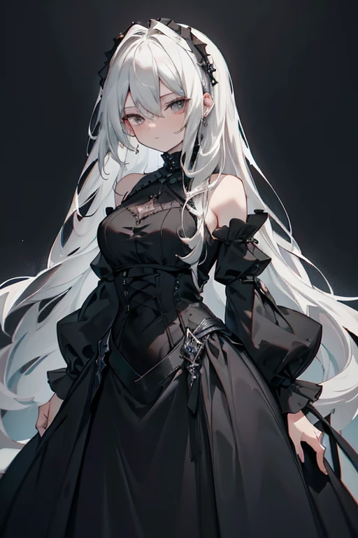 masterpiece, best quality, portrait, 8K, black background with a gray gradient from the bottom,1 adult woman, she is wearing a black slim gothic style shoulderless dress, gothic style, Long white hair, she stands tall and looks straight at the camera
