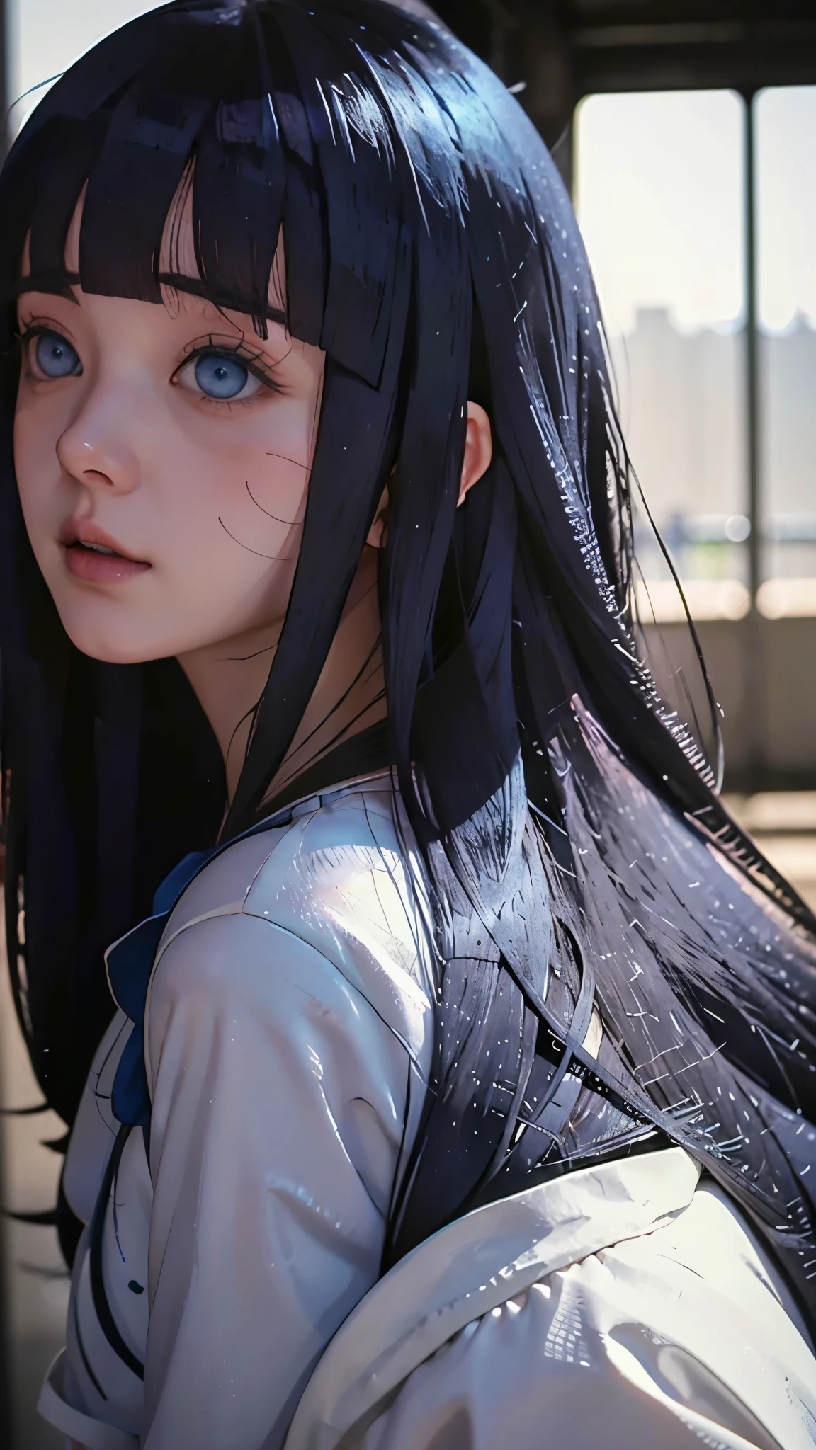 a close up of a person with long hair and a white clothes, uzumaki himawari, uzumaki himawari from anime boruto, as an anime character, perfect anime face, she has dark blue hair with bangs, female anime character, anime character, anime best girl, hime cut hairstyle, dark blue hair, (red glossy lips:1.3), blue eyes, smile, realistic, ultra detail, city background, (beautiful face:1.3)masterpiece, high quality, highly detailed, realistic, photorealistic, semi-realistic, portrait,
SUBJECT1woman, solo, DETAIL On the streets of Tokyo, model pose,
Soft blue eyes details, pretty nose details, realistic face, realistic body, realistic light, sweet smile expression, pink short skirt, long sleeves, hood, hoodie, pink skirt, bright yellow hoodie, himawari uzumaki, short hair, bangs , blue eyes, black hair, blunt bangs, scar on the face, two small rows of mustache marks on the right and left cheeks with a detailed and very detailed character