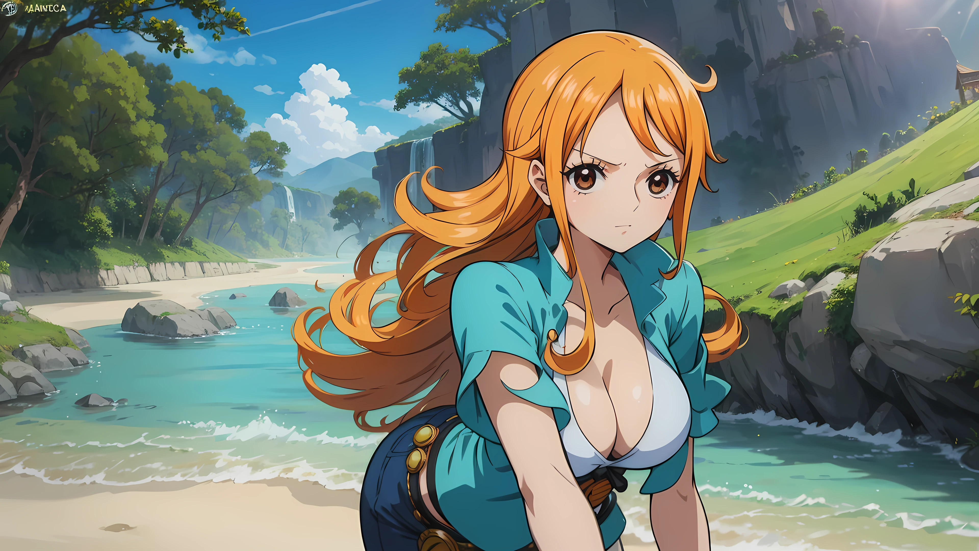 detailed background, masterpiece, best quality, 1girl, solo, nami \(one piece\), 1girl, bangle, detailed arms, fists, muscular body, seductive, wrestling entrance, bangs, bare shoulders, belt, bikini, bikini top only, blue sky, bracelet, breasts, brown eyes, bubble, cleavage, cloud, cowboy shot, day, denim, earrings, floating hair, green belt, green bikini, groin, jeans, jewelry, large breasts, log pose, long hair, looking at viewer, navel, orange hair, pants, shoulder tattoo, sidelocks, sky, smile, solo, standing, stomach, swimsuit, tattoo , looking at viewer, fight pose
