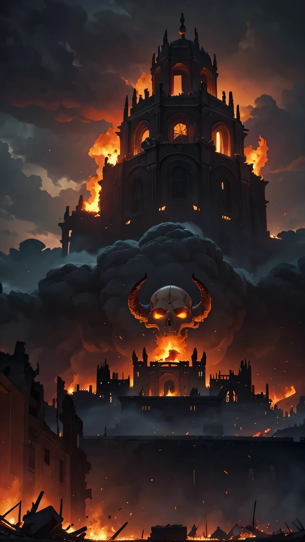 A big ((giant)) (flying demon) with a skull's head where flames coming out of its eyes is wiping out a medieval city, magic lightnings, magic storm, storm sky, apocalyptic, ruins, ashes, apocalypse, fire, the medieval city is looking small below the demon and smoke from the ashes is visible, the city is destroyed completely wiped out in fire