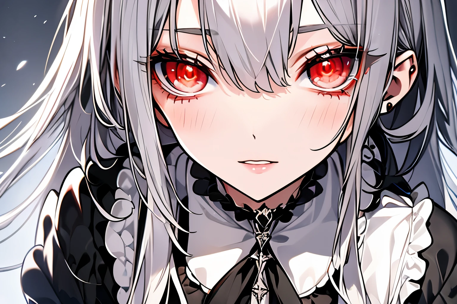 Victorian dresses, delicated eyes, delicated lips, (full heterocromia (a right eye red, a left eye silver))