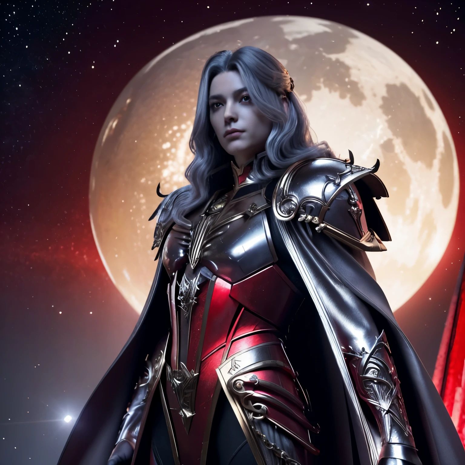 Powerful male king, lucifer(warhammer cosplay), bright red eyes, long silver hair, beautiful delicate face, a warhammer suit(Red), Red cape, space marine style armour (fantastic), shiny red armor, in a galactic kingdom, in the background a magical scifi kingdom, dark night, ethereal lights in the air, ultra-realistic, 8k.