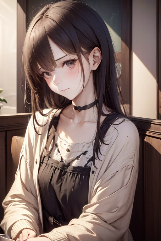 1girl, Wear casual clothes, choker, blush, coffee shop, beautiful detail eyes, realistic hands, (leaning to the side:0.25), looking at viewer, upturned eyes, head down, head tilt, (from side:0.75), (expressionless:0.75), (sitting having a coffee, full shot), (detailed light:1.1), (stylized:1.3), (Highly detailed), (high resolution), (Best quality), (masterpiece)
