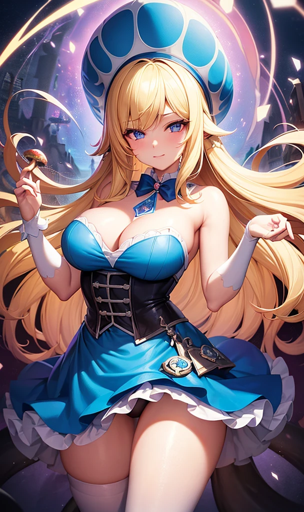 a beautiful 20 year old blonde woman with big messy hair in a blue dress, white stockings, black headband, cleavage, holding a glowing mushroom, fantasy art style, rossdraws cartoon vibrant, alice x. zhang, alice in wonderland cyberpunk, cute detailed digital art, colorfull digital fantasy art, digital fantasy art ), glossy digital painting, rossdraws pastel vibrant, rossdraws 2. 5, rossdraws 1. 0
