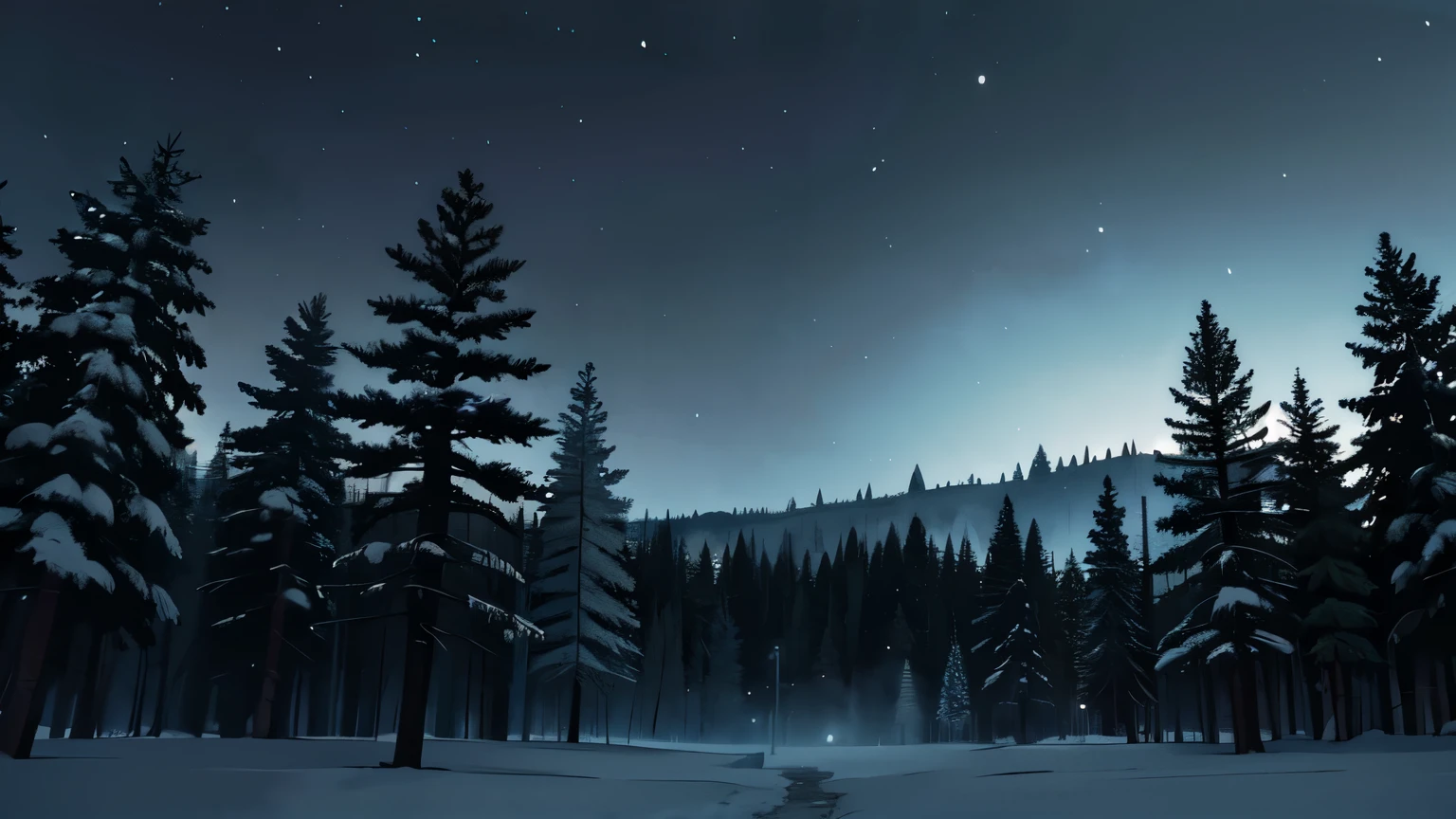 winter forest, night, dark, The sky is overcast, ominous atmosphere 