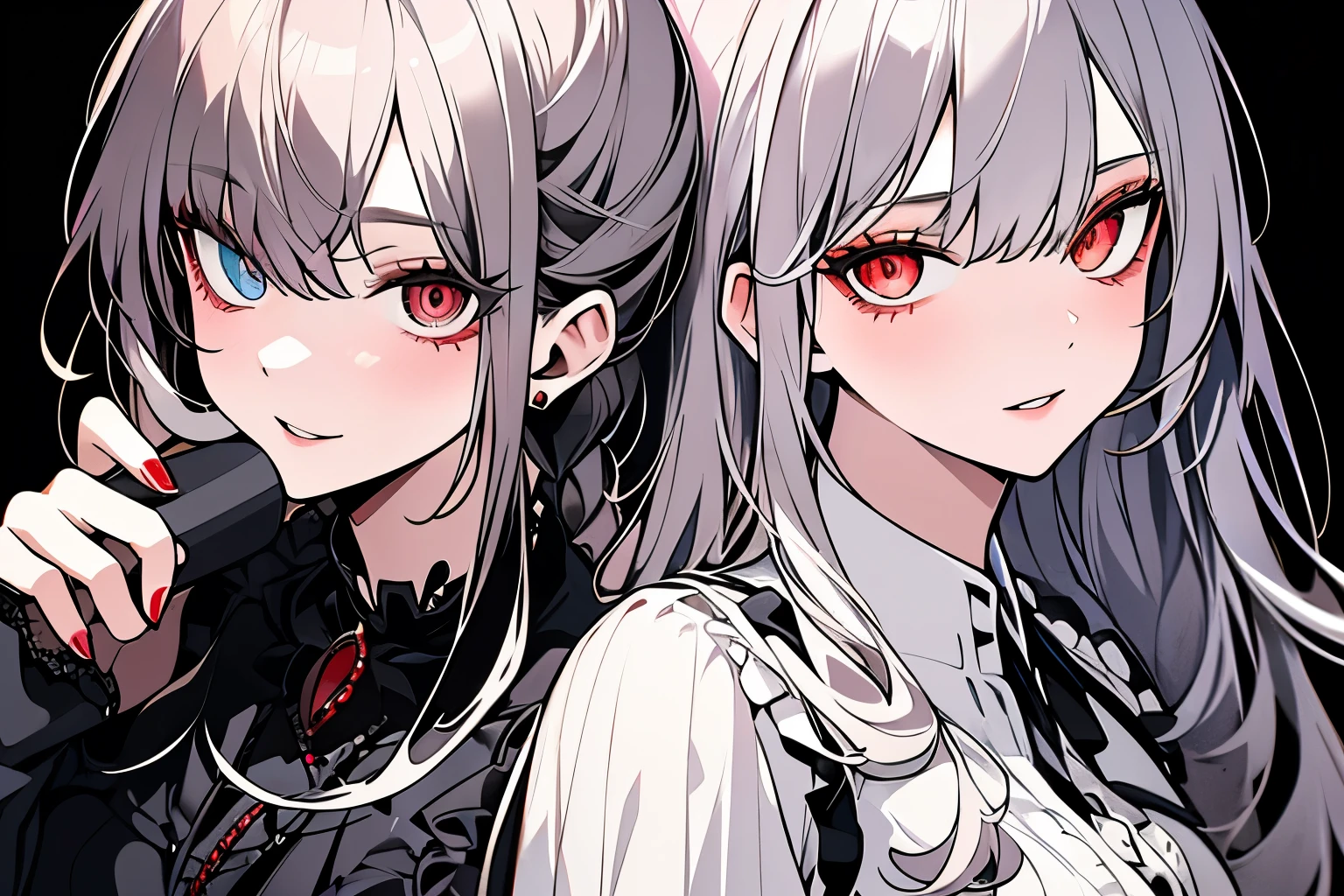 Victorian dresses, delicated eyes, delicated lips, (full heterocromia (a right eye red, a left eye silver))