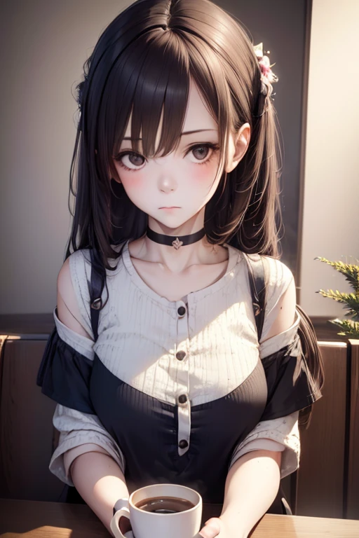 1girl, Wear casual clothes, choker, blush, coffee shop, beautiful detail eyes, realistic hands, (leaning to the side:0.25), looking at viewer, upturned eyes, head tilt, (from side:0.75), (expressionless:0.75), (sitting having a coffee, full shot), (detailed light:1.1), (stylized:1.3), (Highly detailed), (high resolution), (Best quality), (masterpiece)
