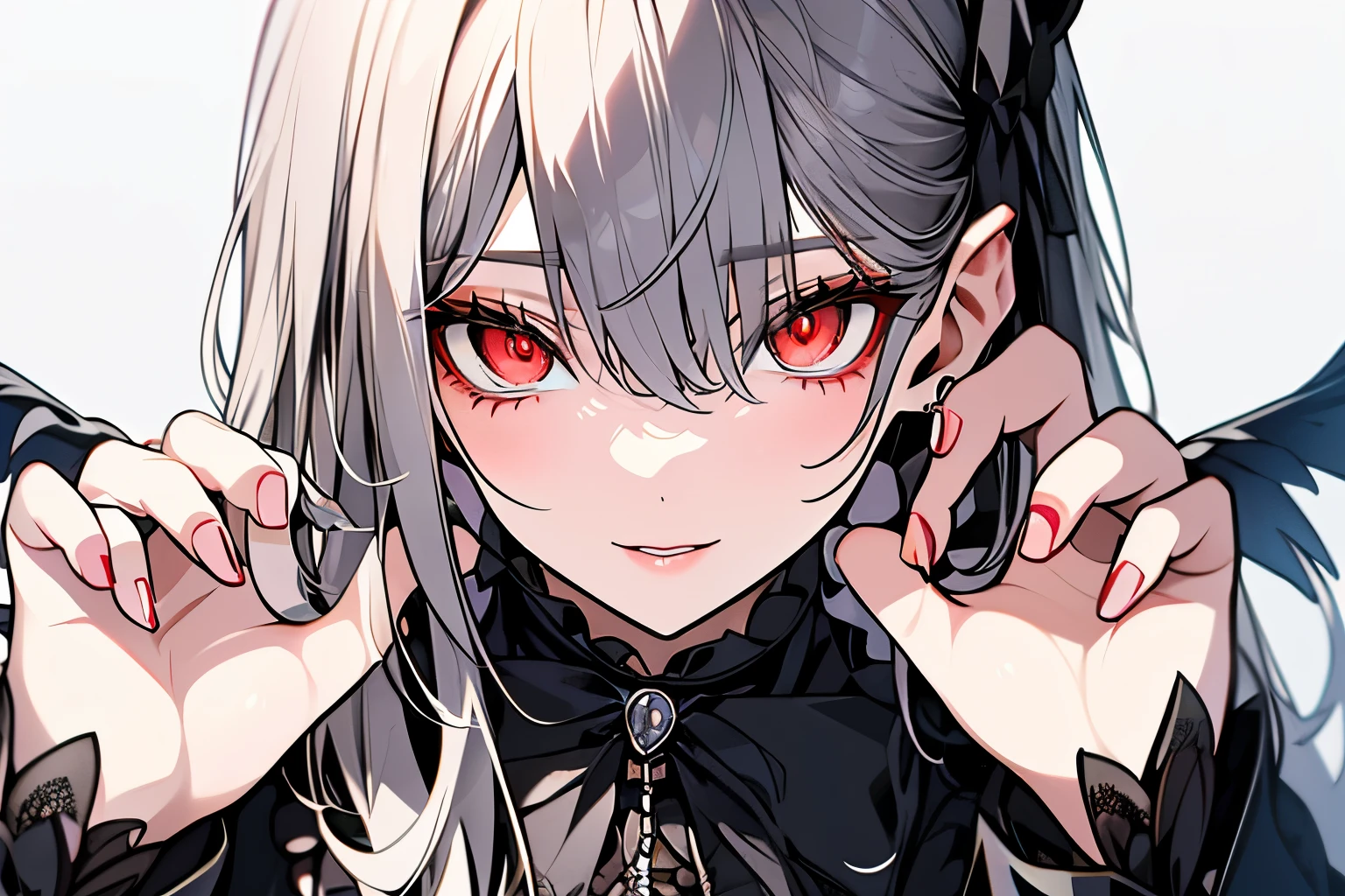 Victorian dresses, delicated eyes, delicated lips, (full heterocromia (a right eye red, a left eye silver))