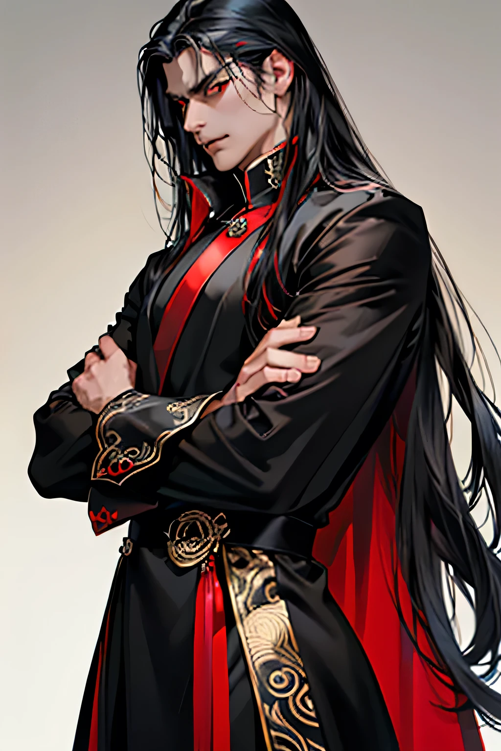 adult man, mature man, (((black very long hair))), (((red-eyes))), (((Black Classic Costume))), tie, A sly expression on his face, ((Perfect eyes)), ((Equal Eyes)), Extremely detailed, (((1 guy))), (((closed clothing))), (solo), (((Good Quality))), A serious man, closed pose, Red and black tones, Asian, ((average build))