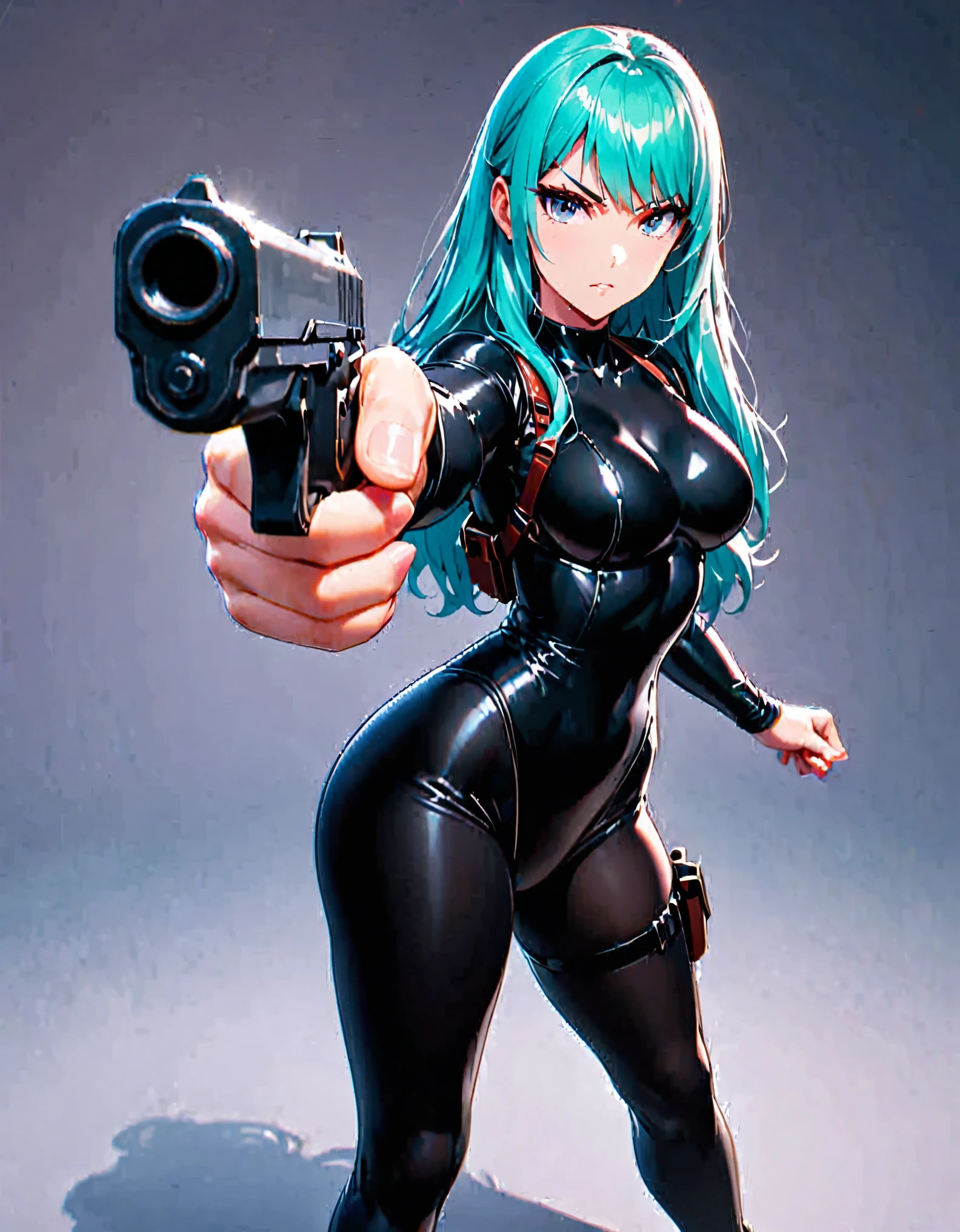 masterpiece, highly detailed, best quality, high quality, 1girl, russian, solo, solo focus, grey eyes, beautiful detailed eyes, beautiful detailed face, perfect hands, complete fingers, perfect anatomy, perfect proportions, long aqua hair, aiming at viewer, (pointing pistol at viewer), detailed shadows, detailed light, (black skintight bodysuit, red leotard, shoulder holster), (full black pantyhose, skintight black leggings), matching boots, full body, serious, cowboy shot