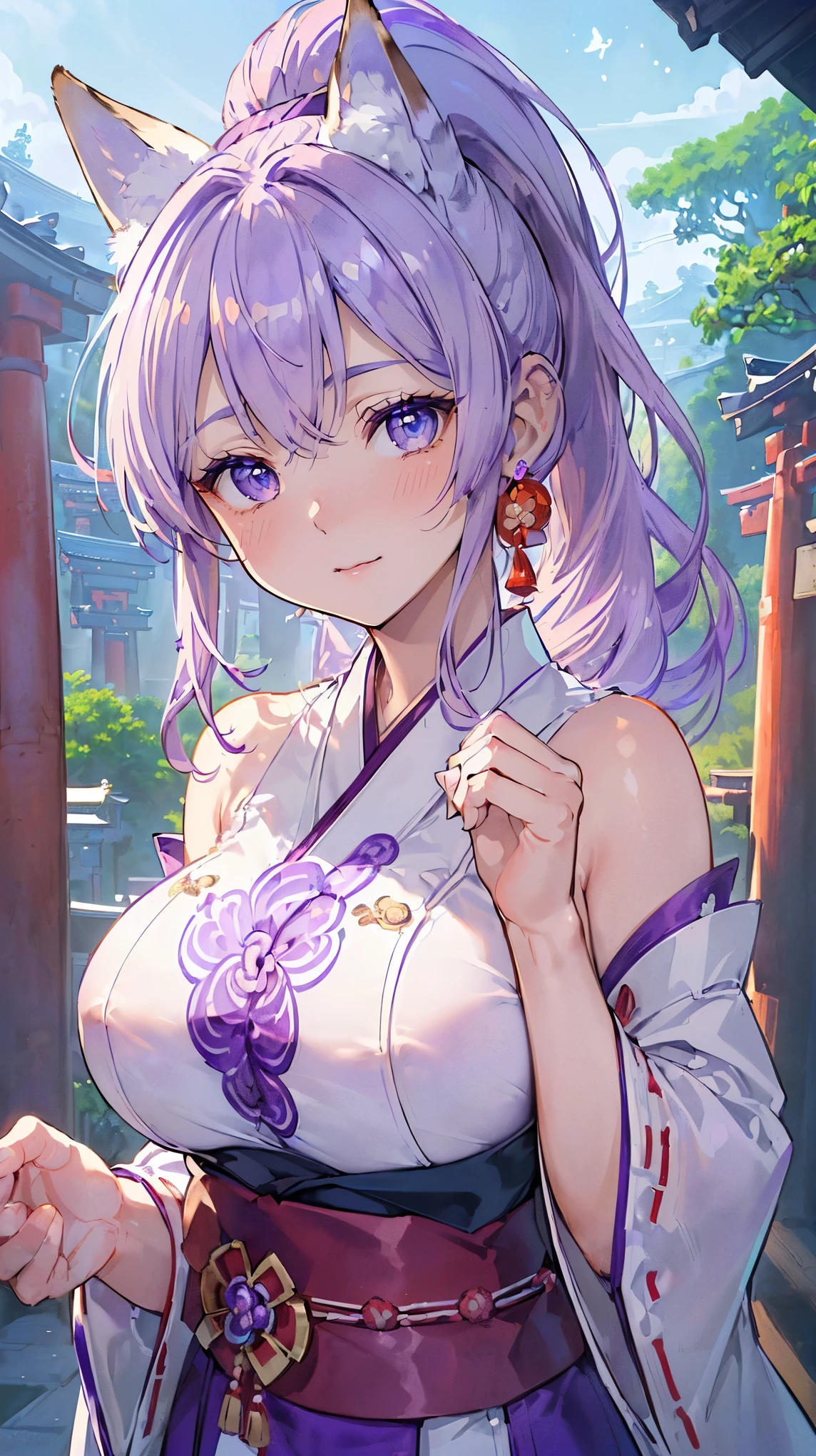(((Masterpiece))), (((Highest quality))), ((Ultra-detailed)), ((Super fine illustration)), ((Ultra-fine painting)), (16K highest quality wallpaper:1.4), (Upper body:1.6), HDR, (Highly detailed and delicate illustration style:1.8), Detailed skin texture, Detailed cloth texture, Extreme detailed description, (T-masterpiece), (Highly detailed face:1.2), (Highly detailed Purple fox ears:1.2), (Highly detailed shiny Purple ponytail:1.2), (Highly detailed beautiful eyes:1.2), Original, RAW photo, Professional, Intricate details, Super details, Direct light:1.6, (Perfect anatomy:1.4), (Highly detailed hands:1.2), (Highly detailed fingers:1.2), (Highly detailed fingertips:1.2), (27-years-old), Real, (Solo:1.6), ((A very beautiful and attractive Purple fox model who is a messenger of God and a traditional Japanese sacred shrine maiden:1.4))
BRAKE
(Beautiful and adorable Purple fox ears:1.6), (Highly detailed and delicate Purple fox ears:1.2), (Beautiful and well-shaped big breasts:1.2), (Beautiful and well-shaped buttocks), (Beautiful and shiny Purple ponytail:1.6), (Highly detailed and delicate Purple ponytail:1.2), (Beautiful clear blue eyes that shine with great detail:1.6), (Highly detailed and delicate blue eyes:1.2), (Highly detailed face:1.4), (Smile:1.3), (Blush:1.2), (Looking at viewer:1.4), (Celebration:1.4)
BRAKE
((Brightly White and Purple colored) and divine traditional shrine maiden costumes at Japanese shrines:1.4), (Japanese divine traditional costume:1.2)
BRAKE
(Highly detailed and beautiful Ise Grand Shrine in Mie Prefecture just after noon in spring in the background:1.6), (Celebration:1.4), Ise Grand Shrine:1.2, Highly beautiful in the sunny sky background just after noon:1.2
BRAKE