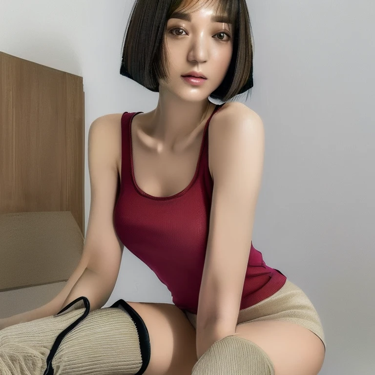 ((Top Quality, 8k, Masterpiece: 1.4)), japanese woman, ((short bob cut, skinny:1.4)), ((30 years old:1,0)), ((looking at viewer:1.4)), inside bedroom, ((kneehighs, tank top:1.4)),