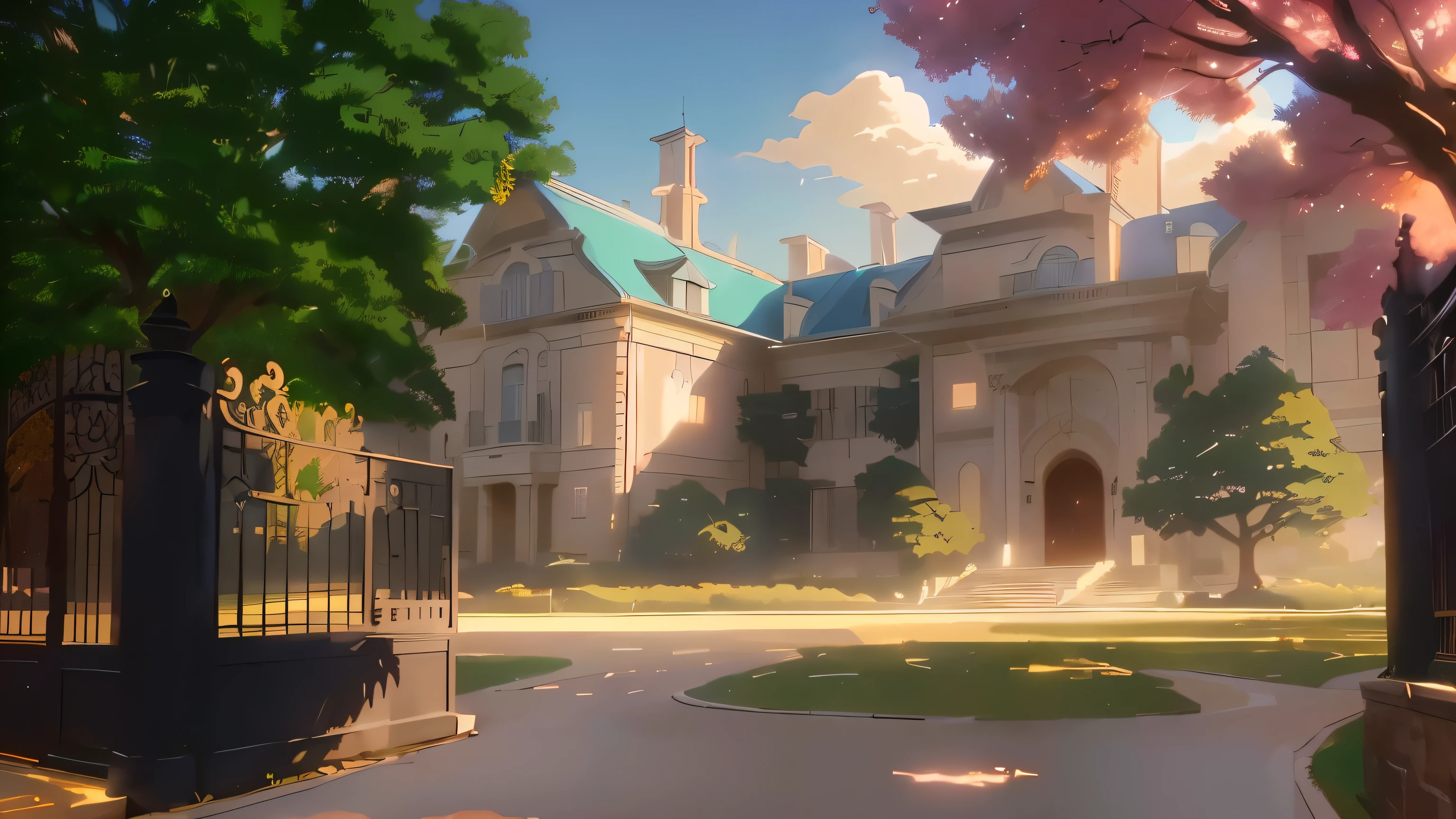 cena de anime of a large mansion with a gate and a tree, anime arte de fundo, cena de animery concept art, cena de animery, high school background, ( ( makoto shinkai ) ), beautiful cena de anime, beautiful cena de animery, madhouse studio anime style, arte de fundo, makoto shinkai. —h 2160, cena de anime, fundo de filme de anime