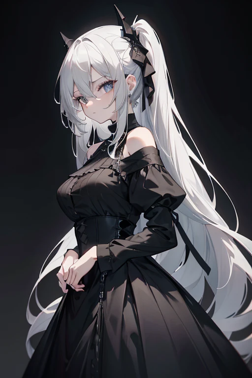 masterpiece, best quality, portrait, 8K, black background with a gray gradient from the bottom,1 adult woman, she is wearing a black slim gothic style shoulderless dress, gothic style, Long white hair, she stands tall and looks straight at the camera, looks 34 years old
