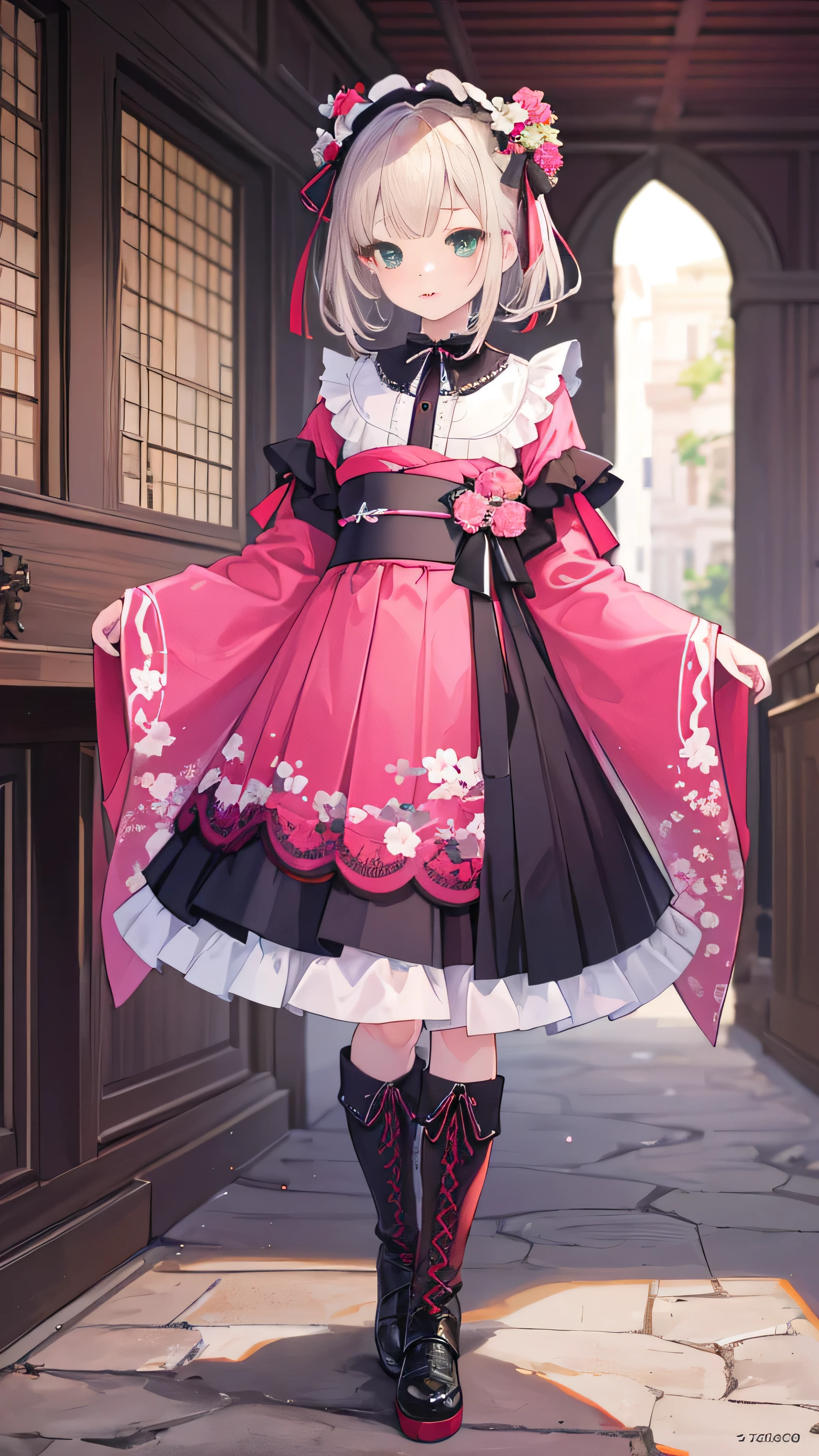 (((highest quality,Very detailed,masterpiece,Very detailed))),kimono pink (gothic lolita:1.2),emerald eye,solo,In town,Everyday clippings,full shot,((wide shot)),lace up boots