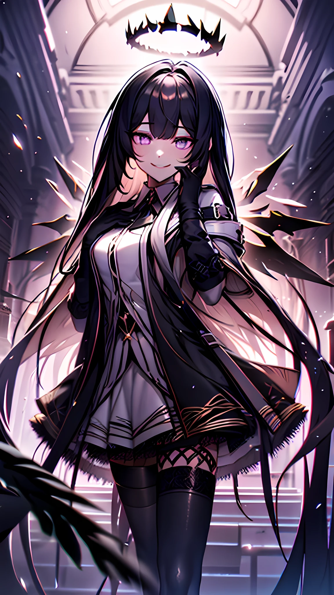 masterpiece), best quality, expressive eyes, perfect face,1girl,virtuosa_(arknights),cowboy shot,music hall,long black hair,light purple eyes,black halo,detached wings,white collared shirt,black laced skirt,black laced elbow gloves,black high heels,smiles,cowboy shot,black feathers in the air