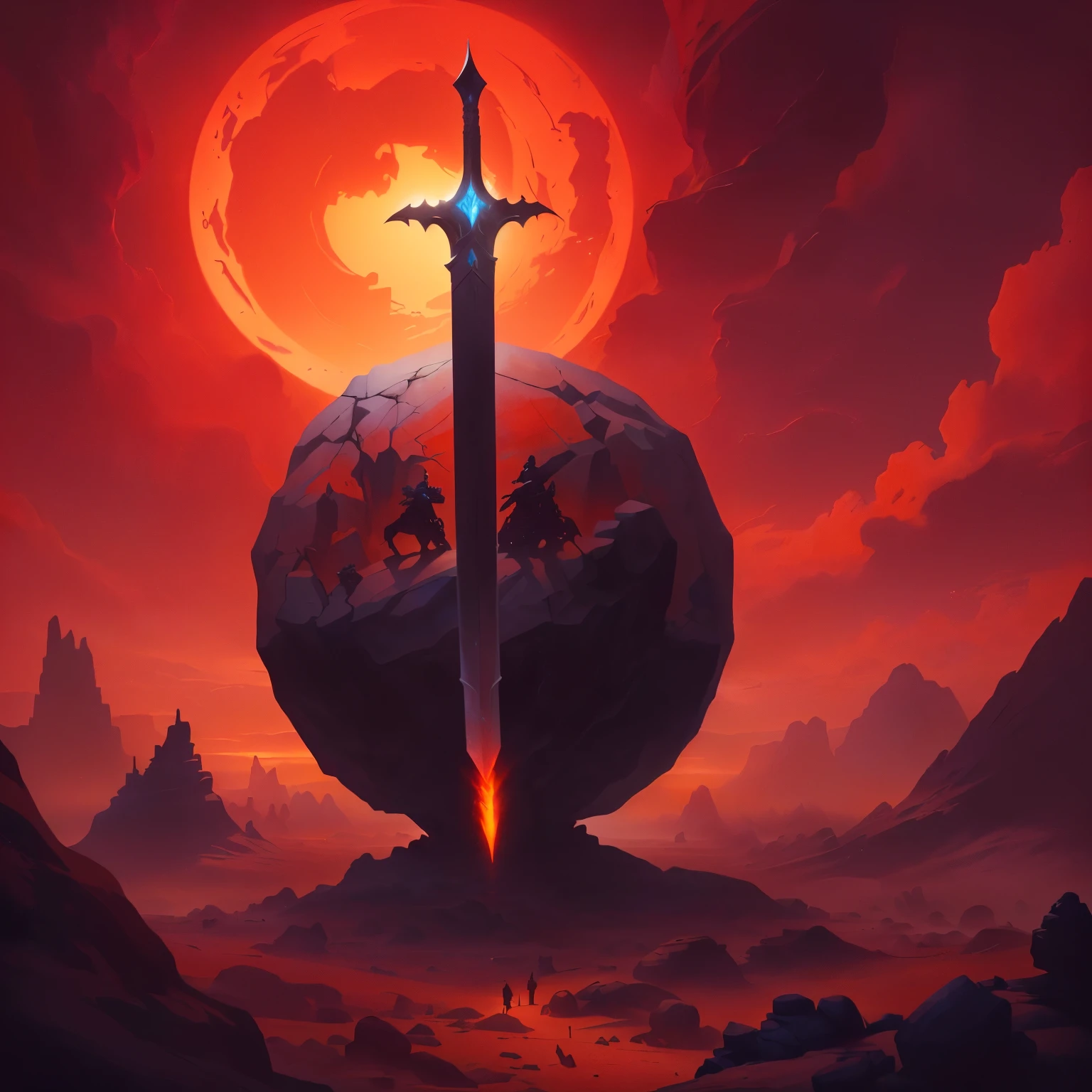 drawing of a sword on a giant rock in the desert, Epic fantasy sci-fi illustration, Epic fantasy in digital art style, Sylvain Sarrail, epic sci-fi fantasy art, epic fantasy art style, dark fantasy art, Cover of an epic fantasy novel, epic fantasy style art, inspired by Noah Bradley, Behance Fantasy Art, and Mumford Tom Bagshaw