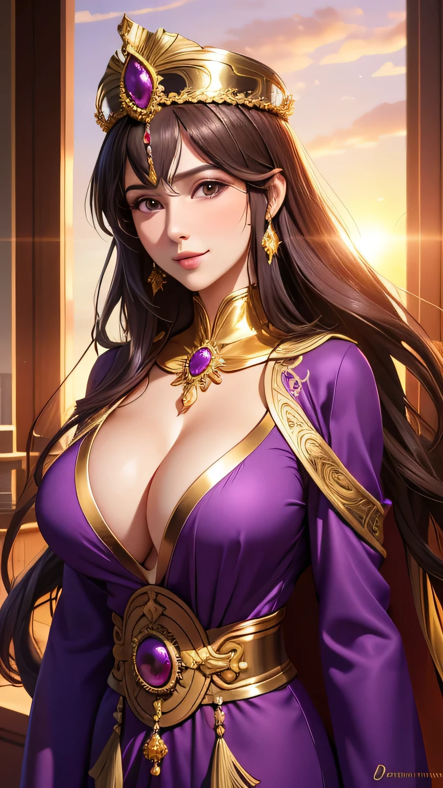 Best quality, 30 year old woman, byzantine empress, sunset, luxurious, sunny, bright, sexy upper body, purple robes, gold, cleavage, big breasts