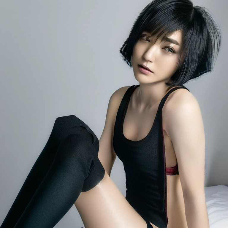 ((Top Quality, 8k, Masterpiece: 1.4)), japanese woman, ((short bob cut, skinny:1.4)), ((30 years old:1,0)), ((looking at viewer:1.4)), inside bedroom, ((black kneehighs, black tank top:1.4)),