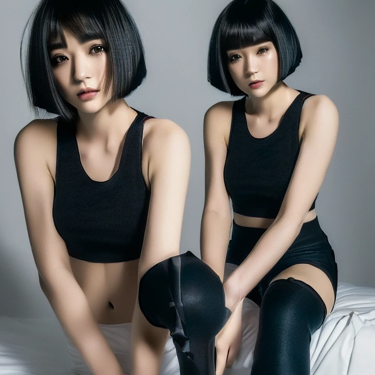 ((Top Quality, 8k, Masterpiece: 1.4)), japanese woman, ((short bob cut, skinny:1.4)), ((30 years old:1,0)), ((looking at viewer:1.4)), inside bedroom, ((black kneehighs, black tank top:1.4)),