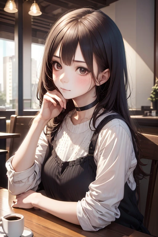 1girl, Wear kawaii casual clothes, choker, blush, coffee shop, realistic hands, (leaning to the side:0.25), (from side:0.8), (sitting having a coffee, full shot), (detailed light:1.1), (stylized:1.3), (Highly detailed), (high resolution), (Best quality), (masterpiece)
