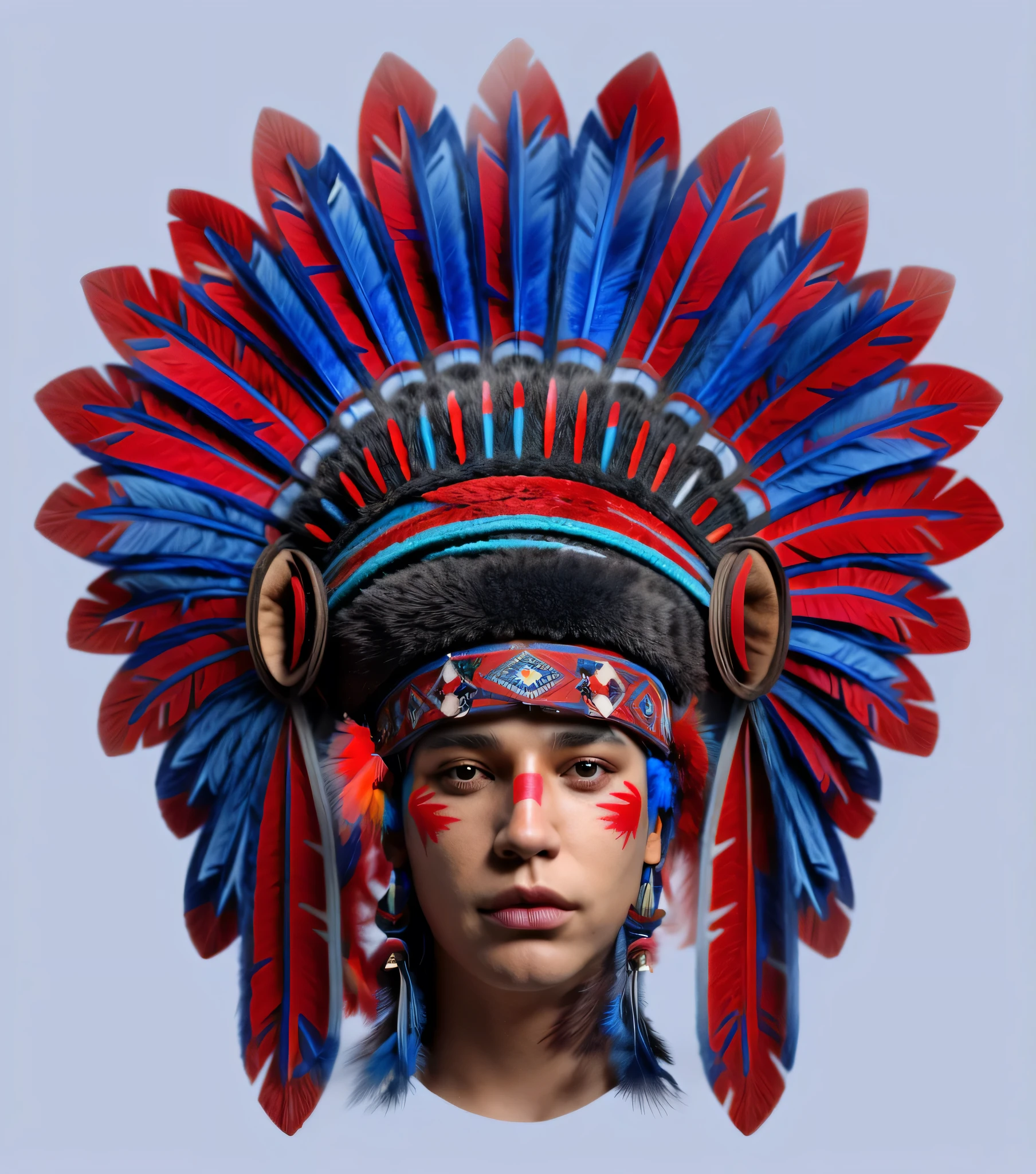 Apache headdress with blue and red feathers