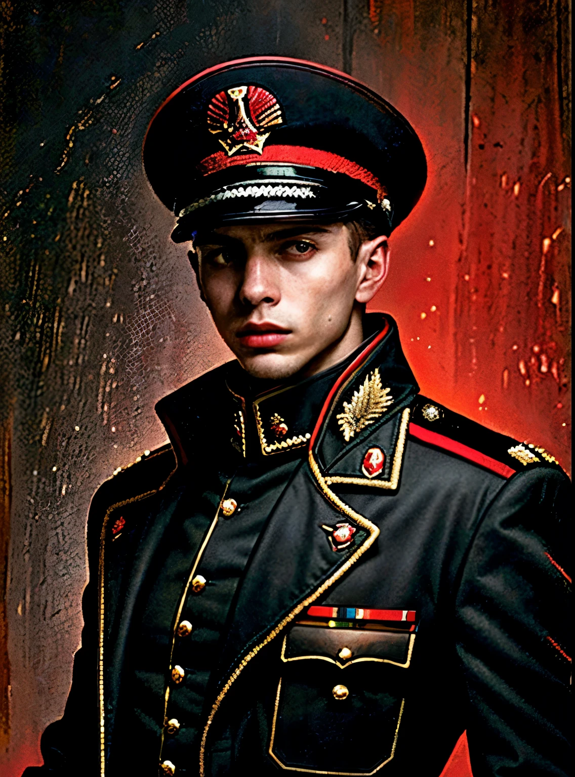 Young man with a red commissar hat, authoritarian style clothing, black jacket, holding a wooden hunting rifle, slight cut on forehead, vivid colors, ultra-detailed, realistic:1.37, portraits, concept artists, cool color tone, dramatic lighting