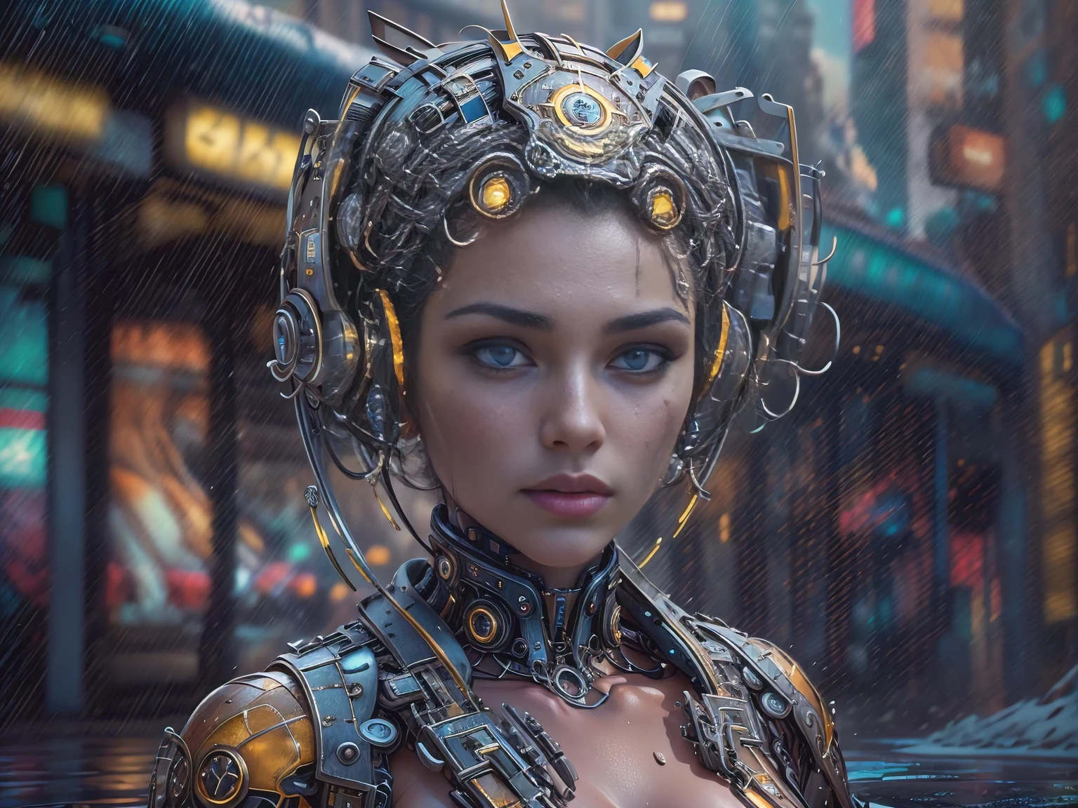 Unreal engine:1.4,UHD,Best quality:1.4, fotorrealist:1.4, skin texture:1.4, masterpiece:1.8,Mechanical girl of the future,Shiny metal,Brilliant robotic movements,ethereal,futuristic technology,Advanced artificial intelligence,Cityscape illuminated with neon lights,Metal Exoskeleton,very detailed facial features,bright LED eyes,Carefully crafted faux leather,Extravagant futuristic fashion,hovering above the ground,Urban Landscape Study,futuristic technology,exquisite craftsmanship,Metal limbs with intricate patterns,Seamless integration of people and machines,surrealist,Otherworldly atmosphere,Utopian cityscape in the background,Modern weapons are integrated into its body.,emits a soft and bright glow,Expressive and captivating look,Superhuman strength and agility,Adopt a position of confidence and strength,High resolution portrait with vibrant colors and intricate details.,Awesome,stunning artwork. (Best quality,4k,8K,High resolutions,masterpiece:1.2),ultra detailed,(realist,fotorrealist,fotorrealist:1.37),HDR,UHD,studio lighting,Ultra-thin paint,sharp focus,physically based representation,Very detailed description,professional,Bright colors,hips,Portraits,Conceptual artists, full length, street, rain