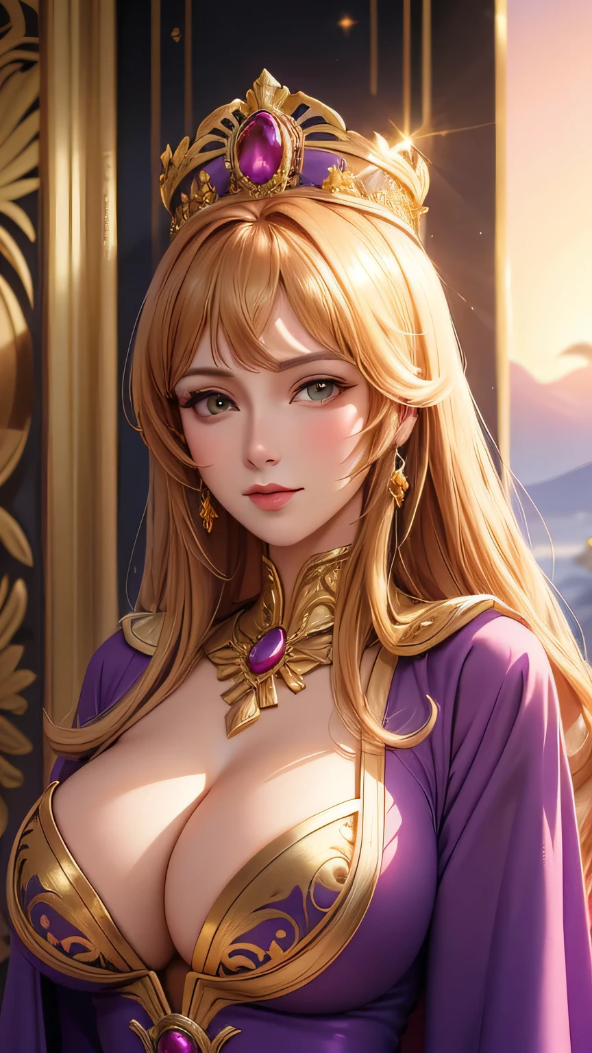 Best quality, 30 year old woman, byzantine empress, sunset, luxurious, sunny, bright, sexy upper body, purple robes, gold, cleavage, big breasts