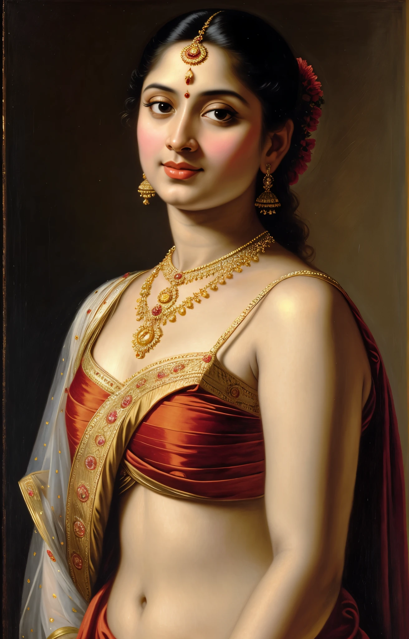 Beautiful Indian Woman, wearing saree, sari Beauty, gorgeous, Apsara, Maharani, royal queen woman, nymph from Hindu Mythology, Urvashi, matchless beauty, Highly detailed, Oil Painting by Peter Paul Rubens inspired by Raja Ravi Varma, Matchless beauty, captivating, gorgeous, heavenly beauty, celestial beauty, by Peter Paul Rubens, 13, realistic, hyper realistic, micro details, incredible artwork, insane details, ultra High resolution, 8k, 32k, acrylic on canvas, intricate, flawless, detailed, detailed face, detailed eyes, masterpiece, by Peter Paul Rubens, by Caravaggio, by William Adolphe bouguereau, perfect face, perfect body, beautiful art, realism, baroque, renaissance Art, highly textured, beautiful and detailed eyes, uhd, best quality,
