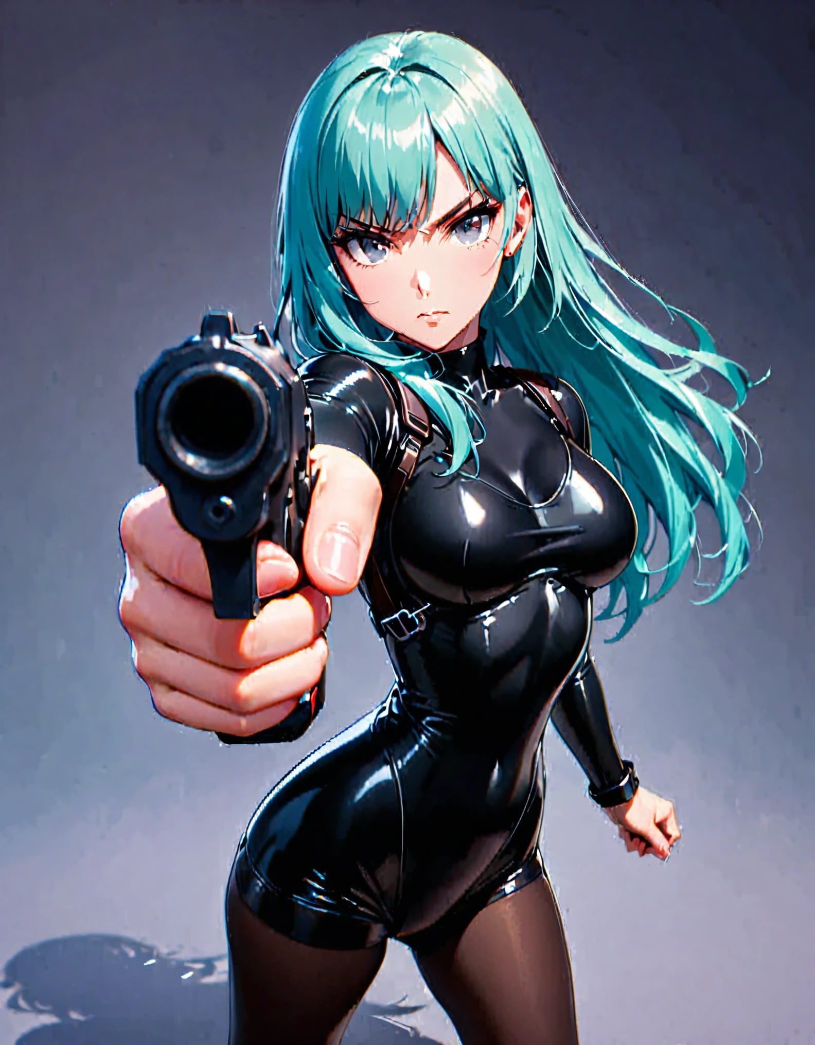 masterpiece, highly detailed, best quality, high quality, 1girl, russian, solo, solo focus, grey eyes, beautiful detailed eyes, beautiful detailed face, perfect hands, complete fingers, perfect anatomy, perfect proportions, long aqua hair, aiming at viewer, (pointing pistol at viewer), detailed shadows, detailed light, (black skintight bodysuit, red leotard, shoulder holster), (full black pantyhose, skintight black leggings), matching boots, full body, serious, cowboy shot