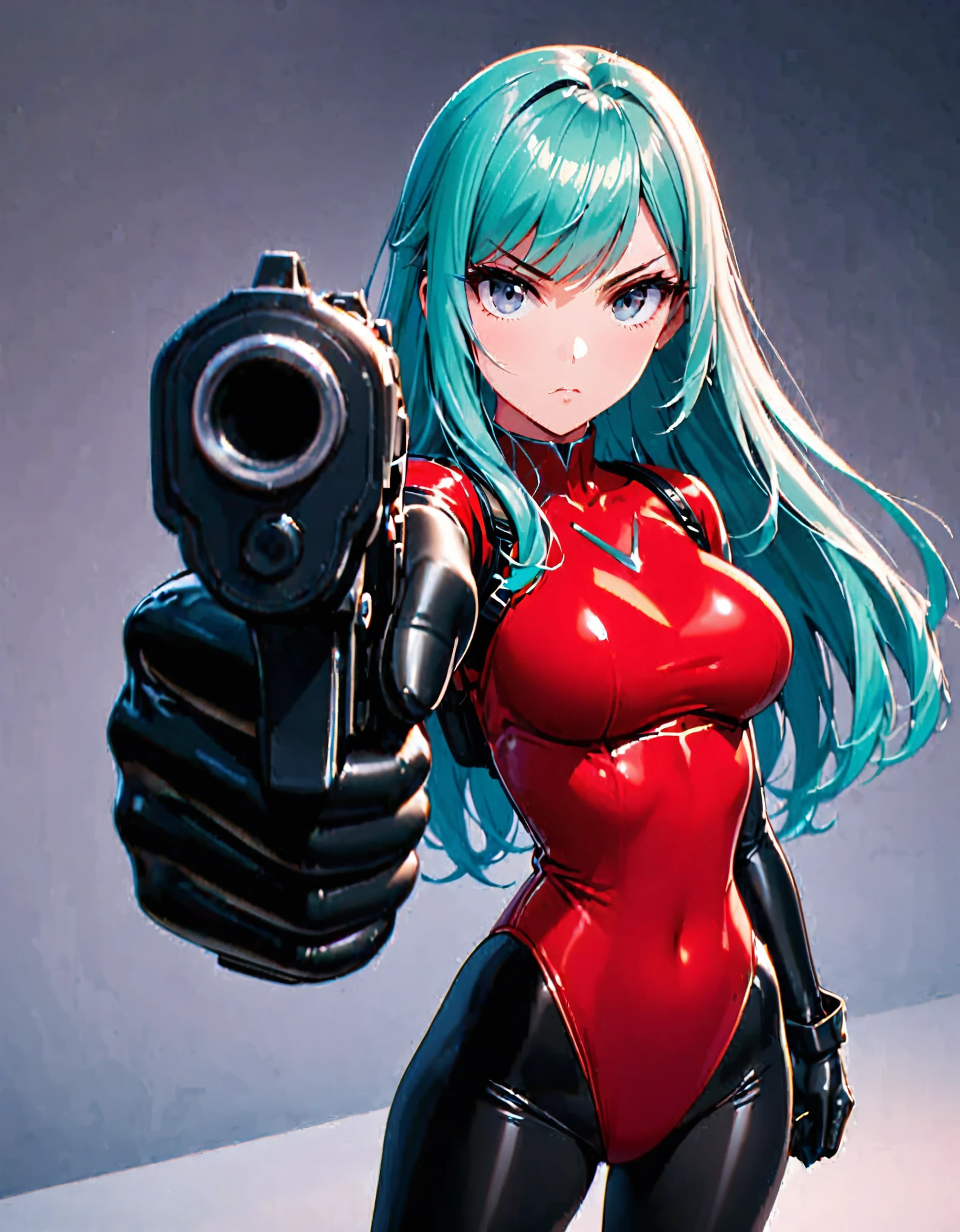 masterpiece, highly detailed, best quality, high quality, 1girl, russian, solo, solo focus, grey eyes, beautiful detailed eyes, beautiful detailed face, perfect hands, complete fingers, perfect anatomy, perfect proportions, long aqua hair, aiming at viewer, (pointing pistol at viewer), detailed shadows, detailed light, (black skintight bodysuit, red leotard, shoulder holster), (full black pantyhose, skintight black leggings), matching boots, full body, serious, cowboy shot