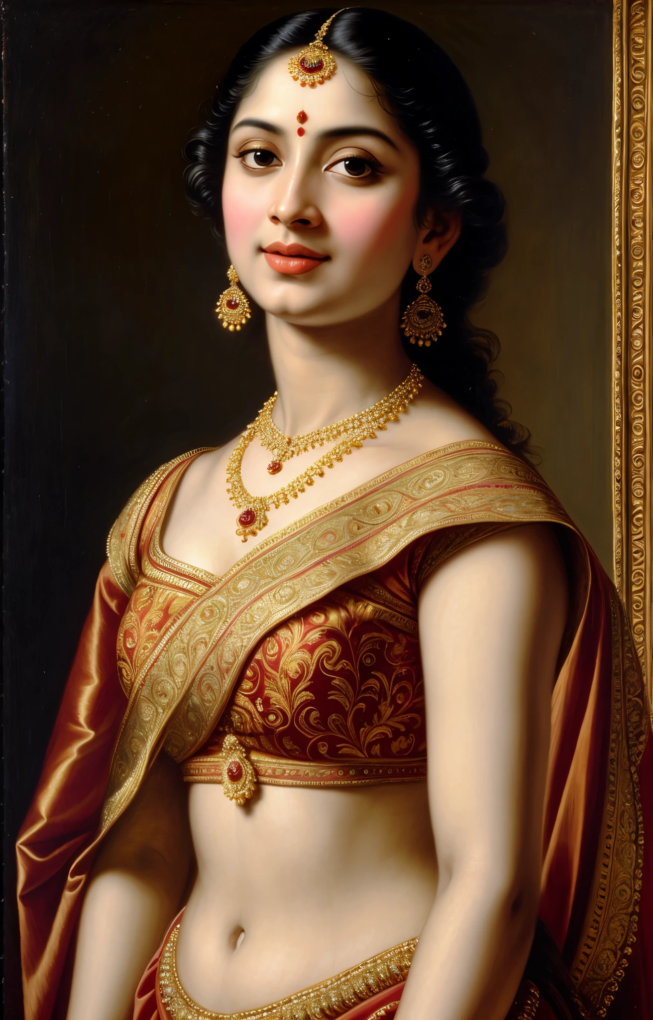 Beautiful Indian Woman, wearing saree, sari Beauty, gorgeous, Apsara, Maharani, royal queen woman, nymph from Hindu Mythology, Urvashi, matchless beauty, Highly detailed, Oil Painting by Peter Paul Rubens inspired by Raja Ravi Varma, Matchless beauty, captivating, gorgeous, heavenly beauty, celestial beauty, by Peter Paul Rubens, 13, realistic, hyper realistic, micro details, incredible artwork, insane details, ultra High resolution, 8k, 32k, acrylic on canvas, intricate, flawless, detailed, detailed face, detailed eyes, masterpiece, by Peter Paul Rubens, by Caravaggio, by William Adolphe bouguereau, perfect face, perfect body, beautiful art, realism, baroque, renaissance Art, highly textured, beautiful and detailed eyes, uhd, best quality,