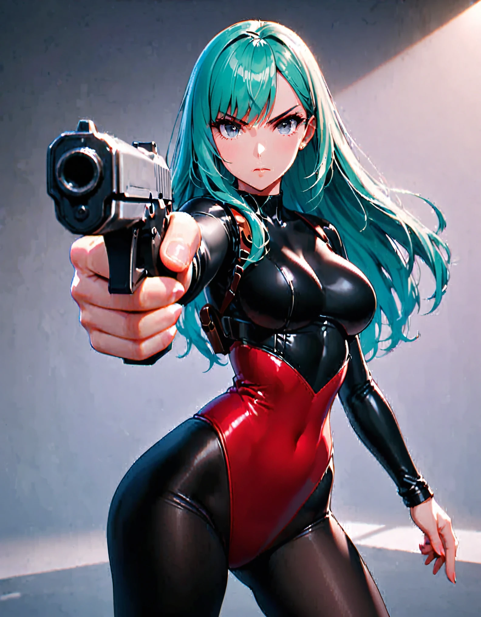 masterpiece, highly detailed, best quality, high quality, 1girl, russian, solo, solo focus, grey eyes, beautiful detailed eyes, beautiful detailed face, perfect hands, complete fingers, perfect anatomy, perfect proportions, long aqua hair, aiming at viewer, (pointing pistol at viewer), detailed shadows, detailed light, (black skintight bodysuit, red leotard, shoulder holster), (full black pantyhose, skintight black leggings), matching boots, full body, serious, cowboy shot