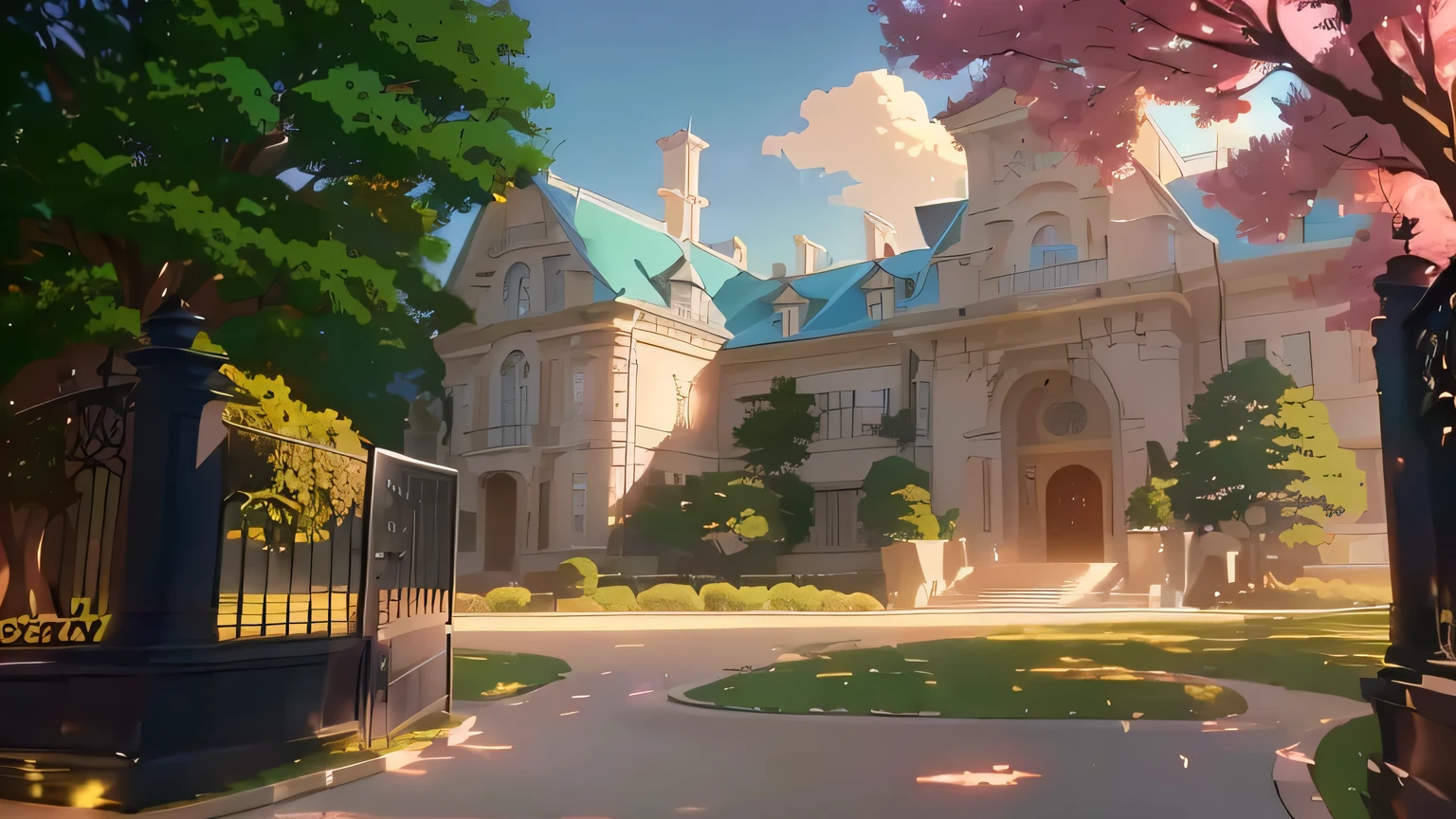 cena de anime of a large mansion with a gate and a tree, anime arte de fundo, cena de animery concept art, cena de animery, high school background, ( ( makoto shinkai ) ), beautiful cena de anime, beautiful cena de animery, madhouse studio anime style, arte de fundo, makoto shinkai. —h 2160, cena de anime, fundo de filme de anime, imagem 8K, desenho bonito, arte detalhada, art 4K