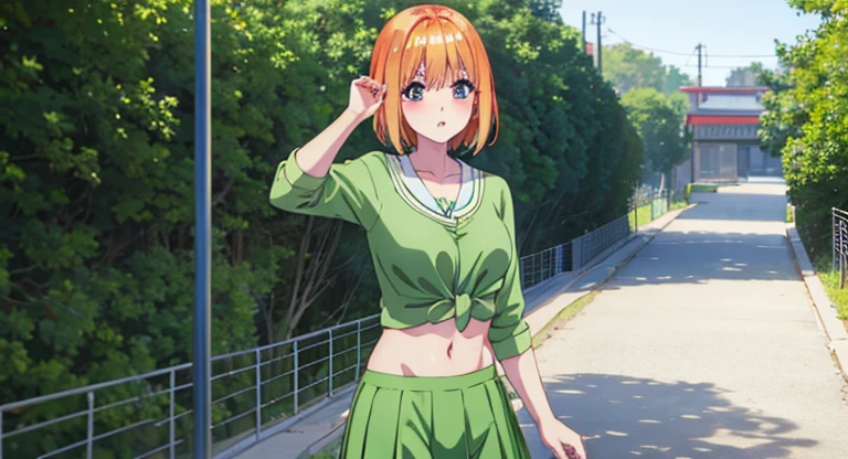 Nakano Yotsuba, knot shirt, midriff, green skirt, medium breasts,