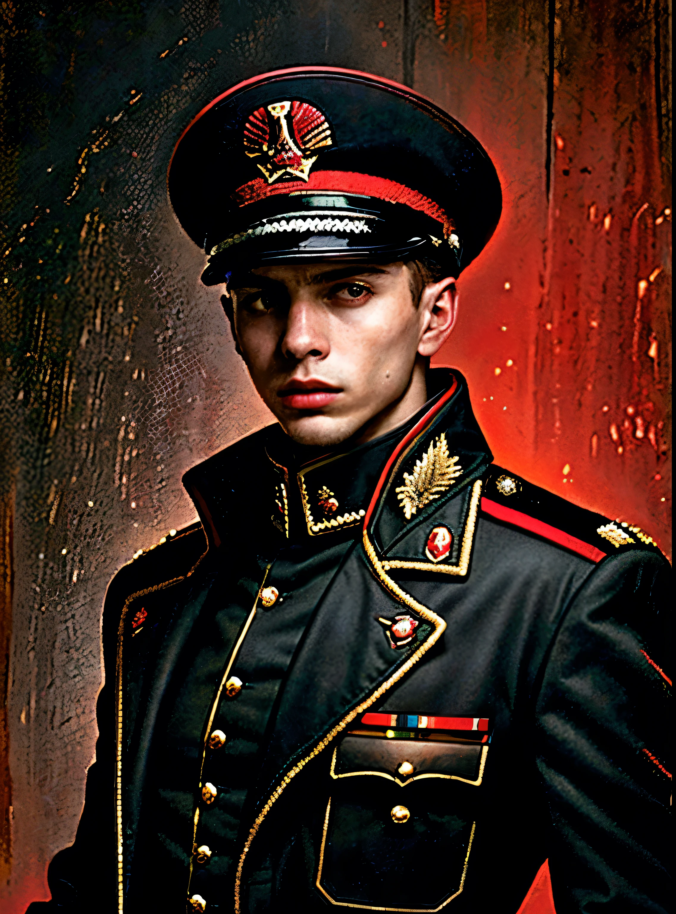 Young man with a red commissar hat, authoritarian style clothing, black jacket, holding a wooden hunting rifle, slight cut on forehead, vivid colors, ultra-detailed, realistic:1.37, portraits, concept artists, cool color tone, dramatic lighting
