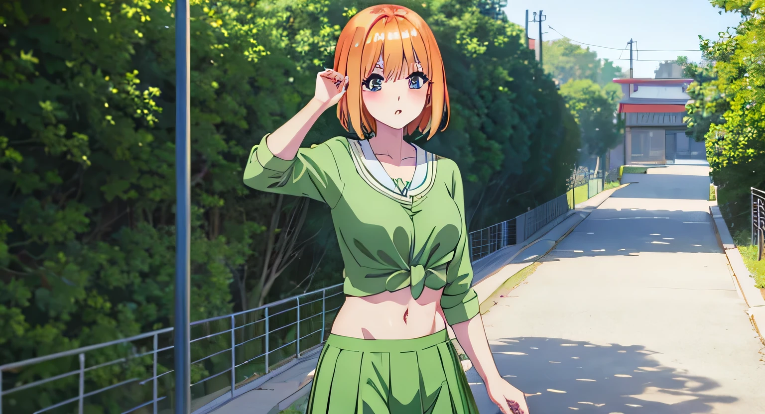 Nakano Yotsuba, knot shirt, midriff, green skirt, medium breasts,