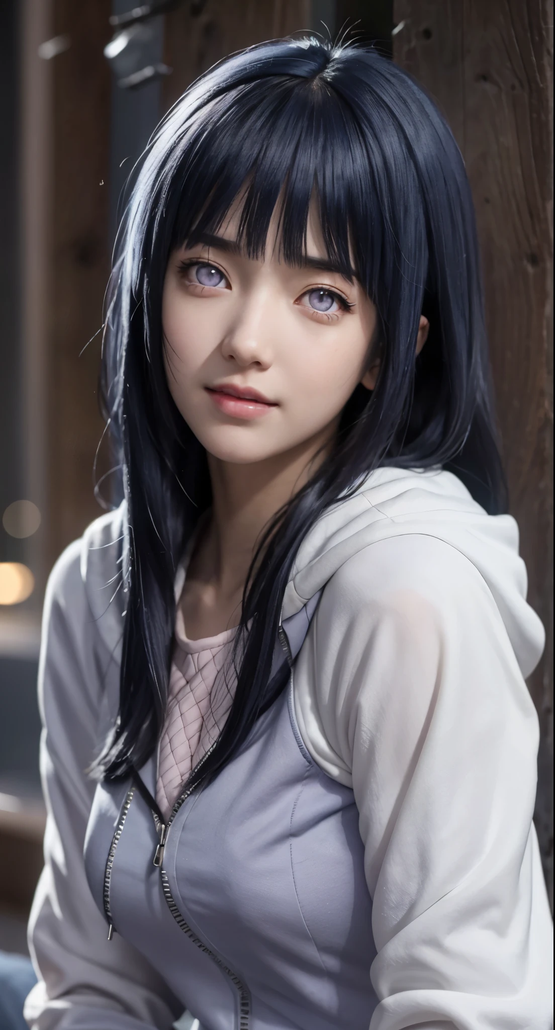 close up image of a person with long hair and a hoodie, hinata hyuga, hinata hyuga from naruto, from naruto, as an anime character, perfect anime face, she has dark blue hair with bangs, female anime character, anime characters, best anime girls, style hime cut hair, dark blue hair, pink lips, light purple eyes, smile, (pretty face:1.3)