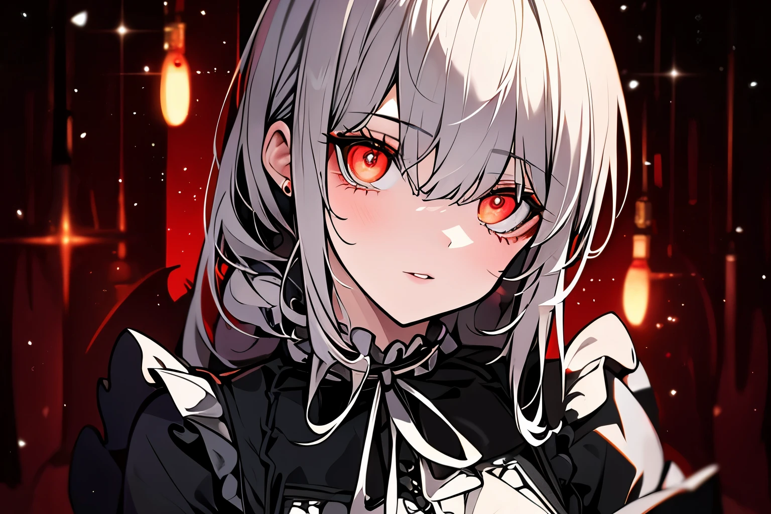 Victorian dresses, delicated eyes, delicated lips, (full heterocromia (a right eye red, a left eye silver))