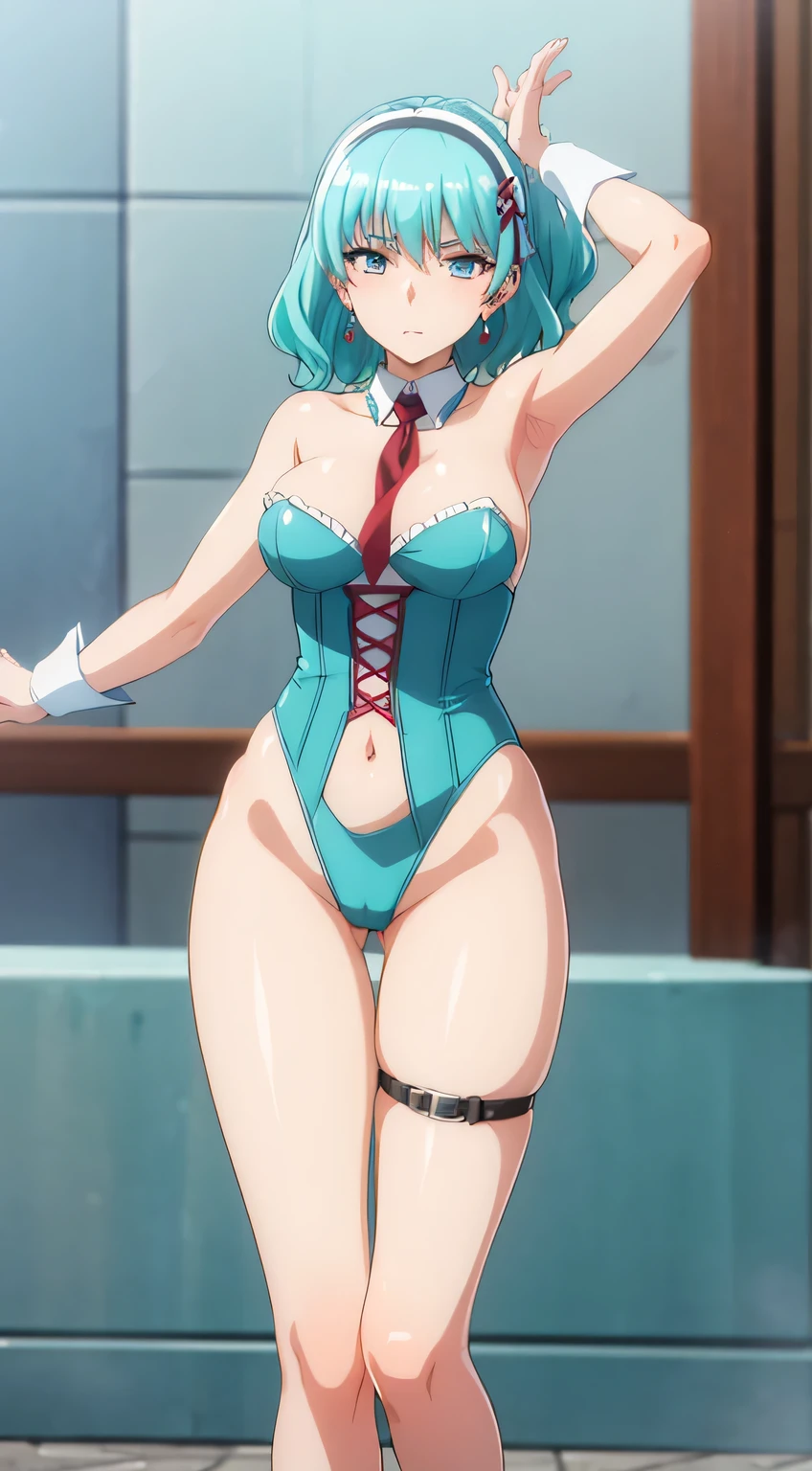 aqua hair, medium hair, blue eyes,photorealistic, high resolution, soft light,1women, solo, hips up, shining skin, (detailed face), strapless leotard, pantyhose, rabbit ears, folded ponytail, putple hair, necktie, wrist cuffs (wearing a satin corset and thigh highs), jewelry, tattoo
