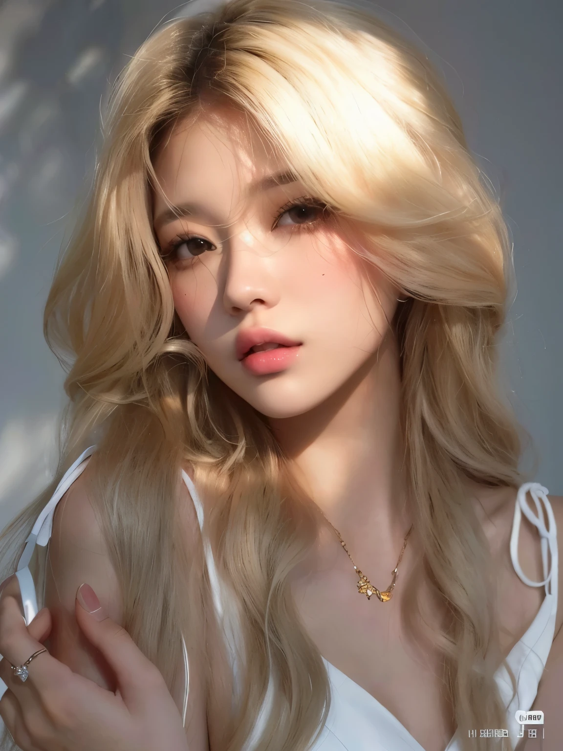 Mujer rubia con pelo largo y un vestido blanco posando para una foto., una chica con cabello rubio, con pelo largo y rubio, hermosa mujer surcoreana, parque roseanne de blackpink, pelo largo y rubio y ojos grandes, peinado de corte hime blanco, pale skin curly blonde hair, con el pelo largo y blanco, hermosa joven coreana, muchacha coreana, heonhwa choe