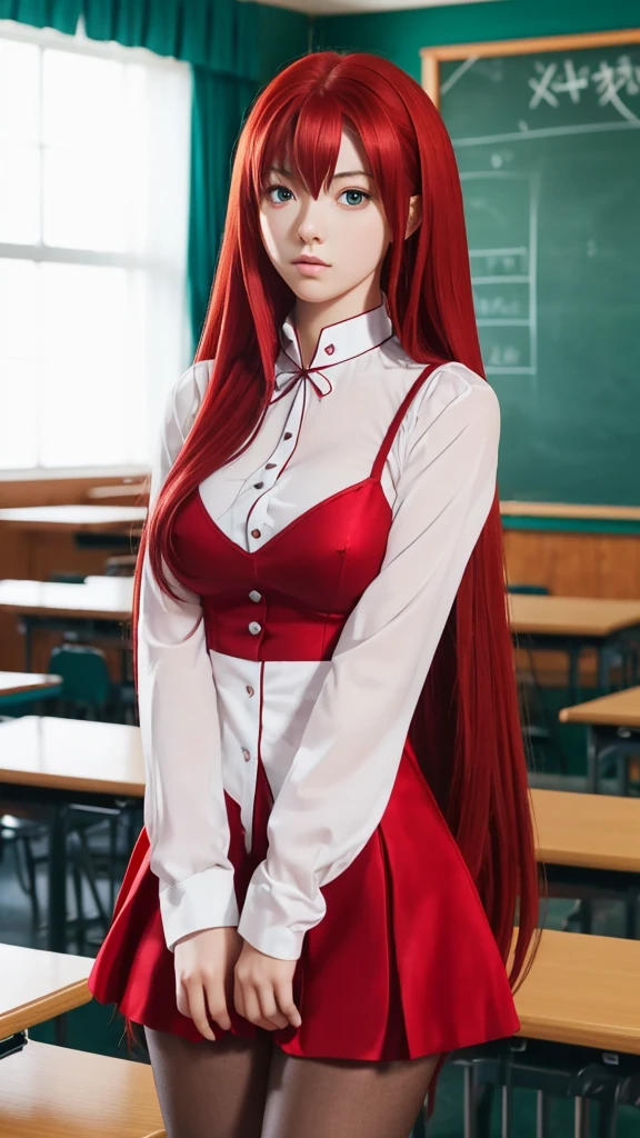 shokokomidef, Ultra realistic, 16k, high quality, incredibly detailed, dream aesthetic, dream atmosphere, Rias Gremory (from high school DxD), realistic scarlet-red silky hair, hair messy fringe, turquoise real shiny eyes, long (pale-red) hair fluttering, pale skin illuminated,realistic perfect shading, absurdres, realistic textures, 1girl, looking at viewer, standing, v arms, pantyhose, high school DxD uniform, classroom (background unfocused), masterpiece, best quality, Photorealistic.