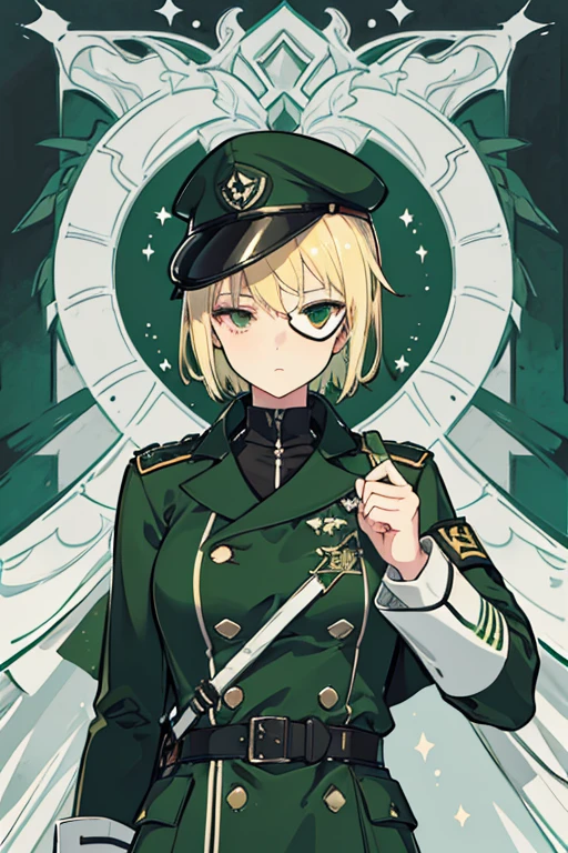 (best quality, highres), realistic, soldado mujer, short blonde hair, detailed eyes, white eyes, black eye patch, green clothes, green military cap, expressionless