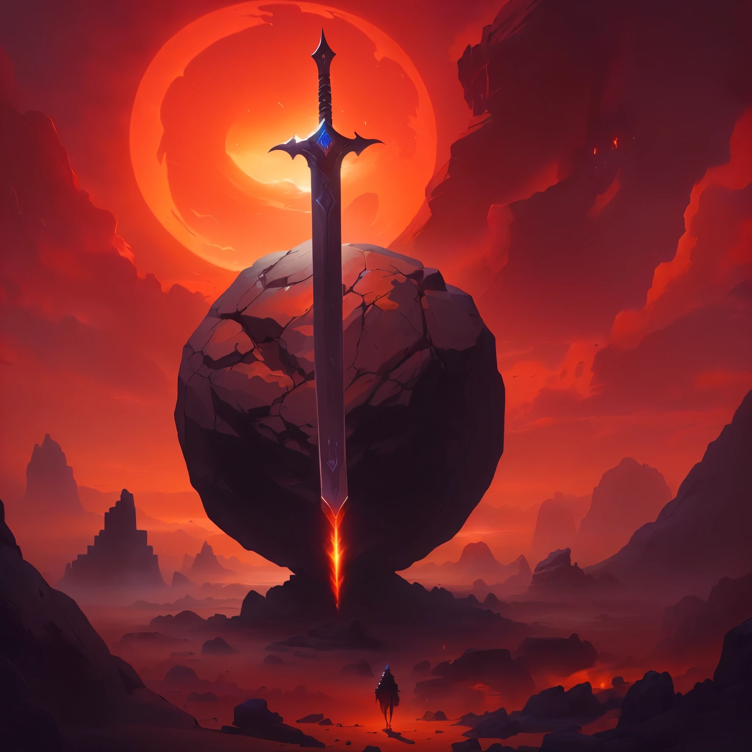 drawing of a sword on a giant rock in the desert, Epic fantasy sci-fi illustration, Epic fantasy in digital art style, Sylvain Sarrail, epic sci-fi fantasy art, epic fantasy art style, dark fantasy art, Cover of an epic fantasy novel, epic fantasy style art, inspired by Noah Bradley, Behance Fantasy Art, and Mumford Tom Bagshaw