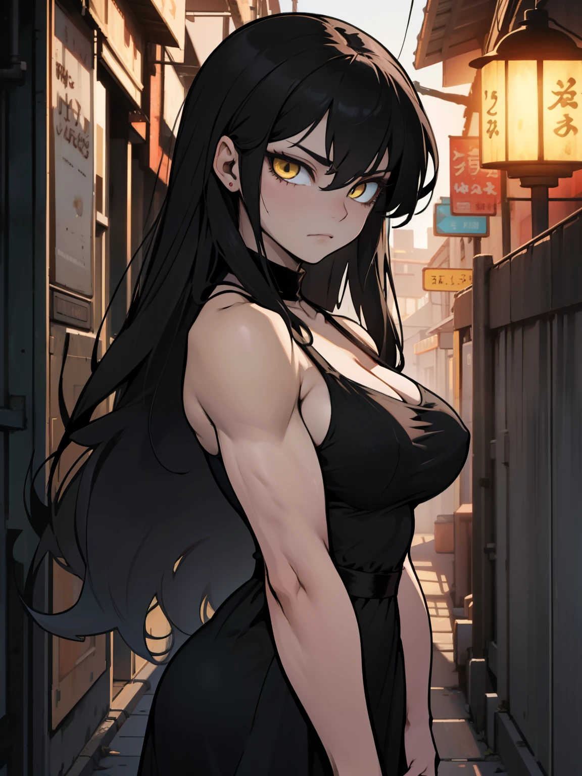 girl muscles huge breasts pale skin very long hair black hair yellow eyes sad expressionless solo black night dress black night dress