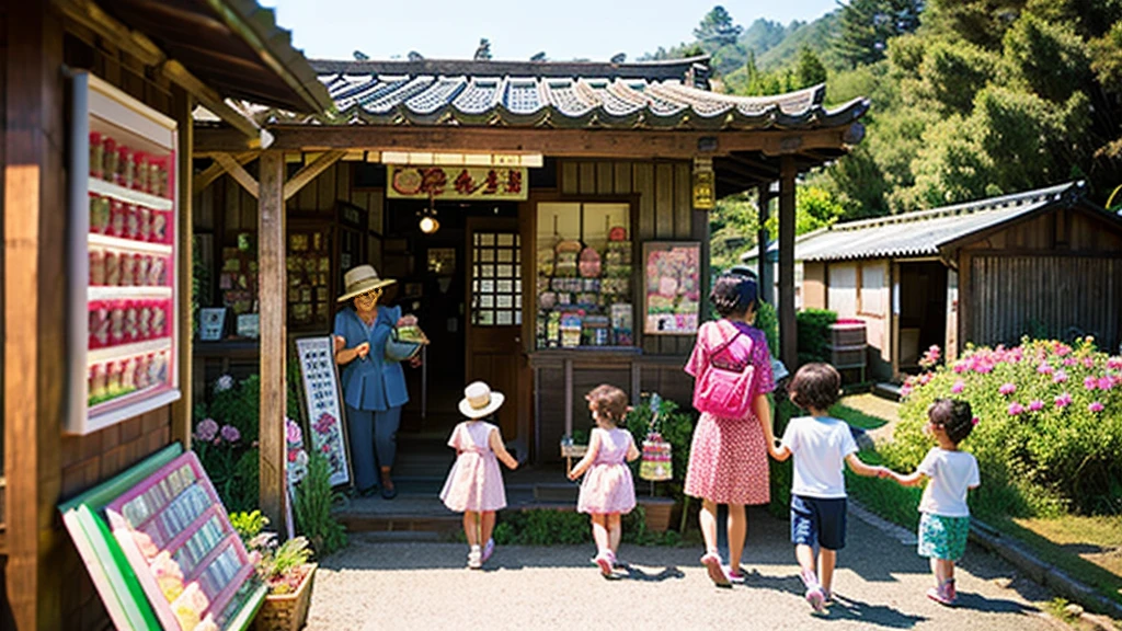  and an old woman shopping at a small candy store in the countryside、A small sweet shop in the Japanese countryside、